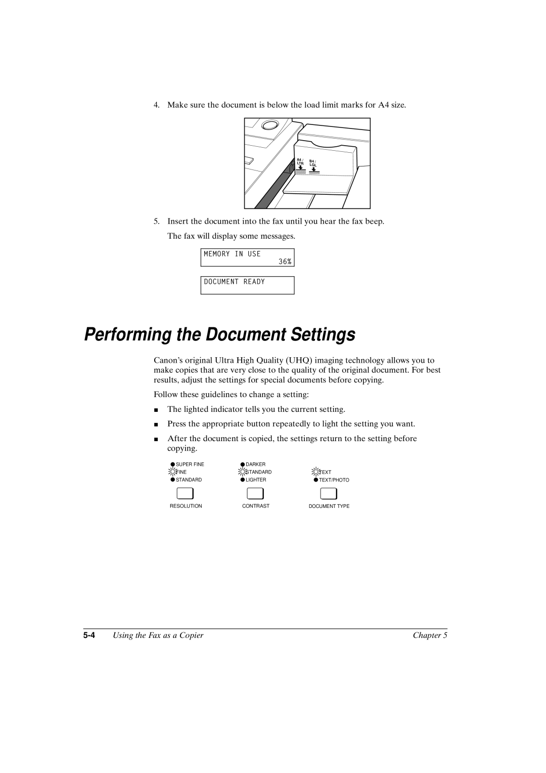 Canon FAX-L800 manual Performing the Document Settings 