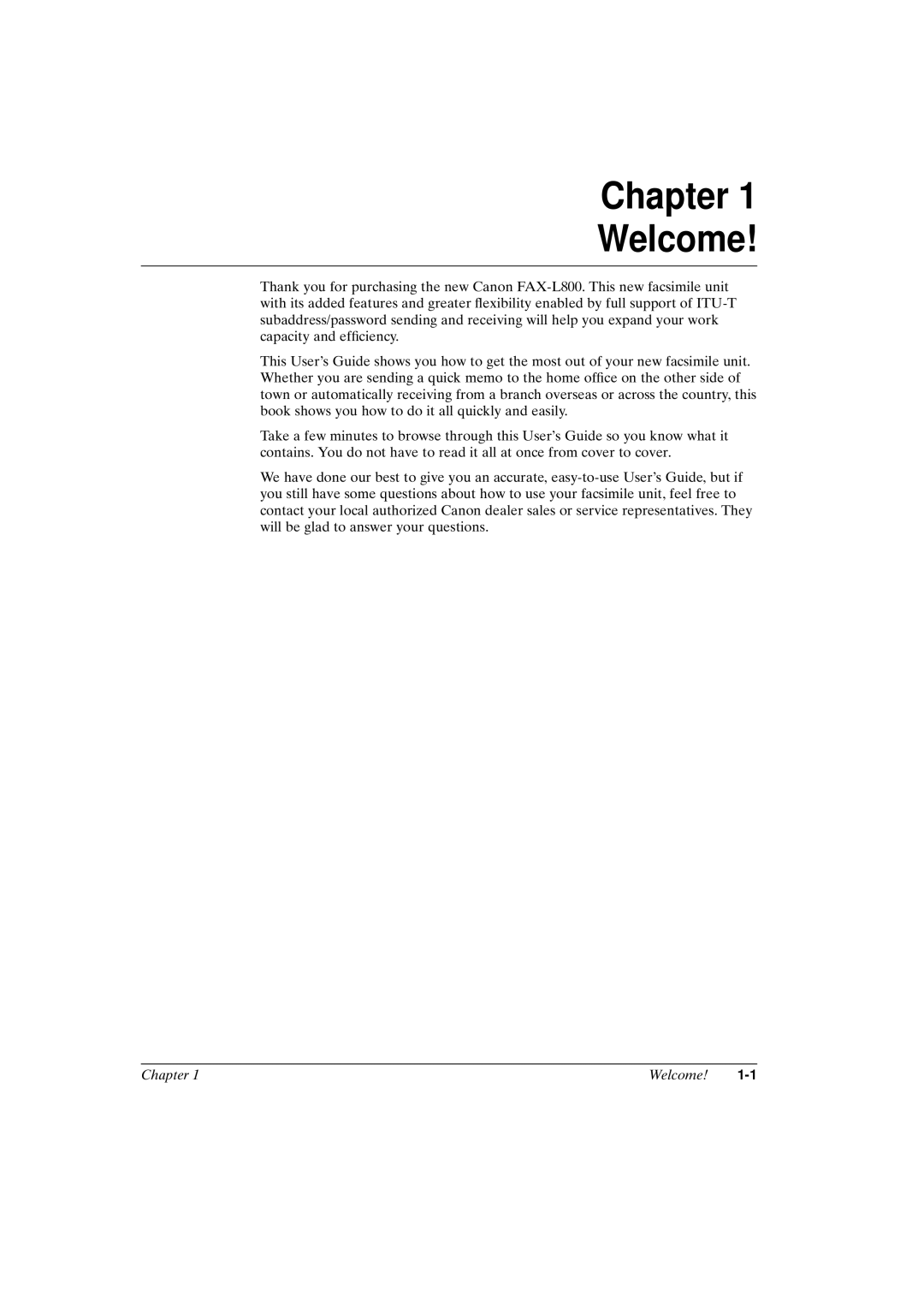 Canon FAX-L800 manual Chapter Welcome 