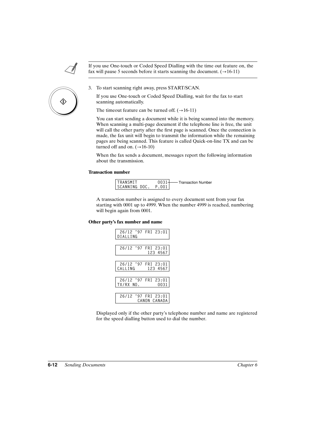 Canon FAX-L800 manual Transaction number, Other partys fax number and name, 12Sending Documents Chapter 