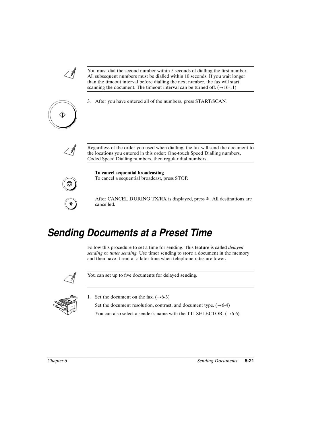 Canon FAX-L800 manual Sending Documents at a Preset Time, To cancel sequential broadcasting 