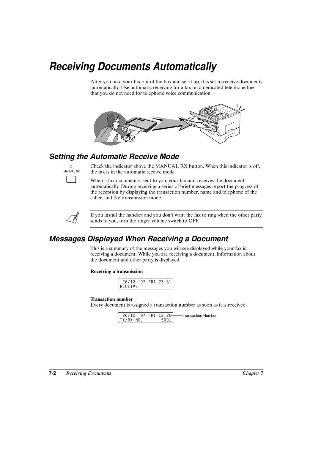 Canon FAX-L800 manual Receiving Documents Automatically, Setting the Automatic Receive Mode, Receiving a transmission 