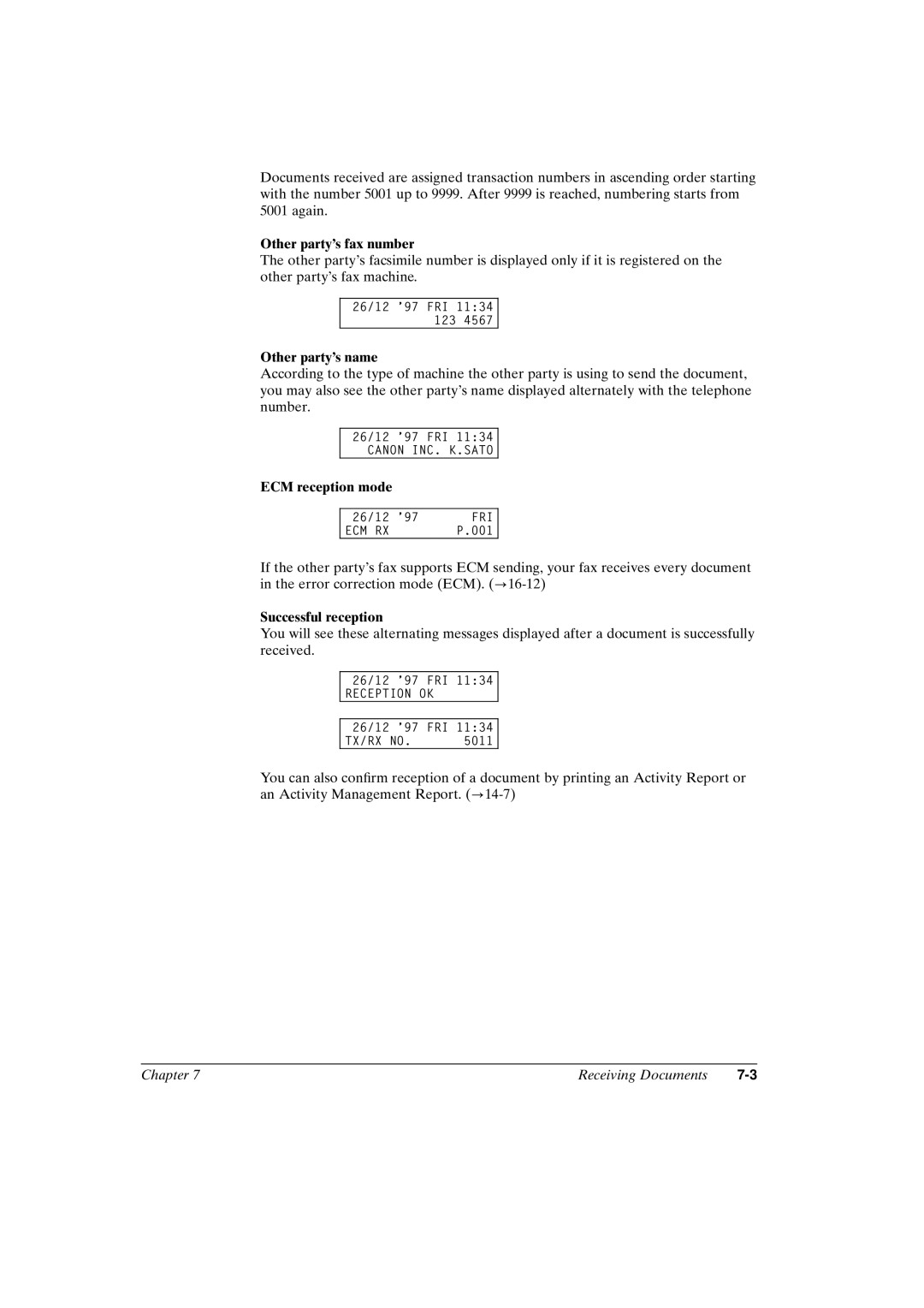 Canon FAX-L800 manual Other partys fax number, Other partys name, ECM reception mode, Successful reception 