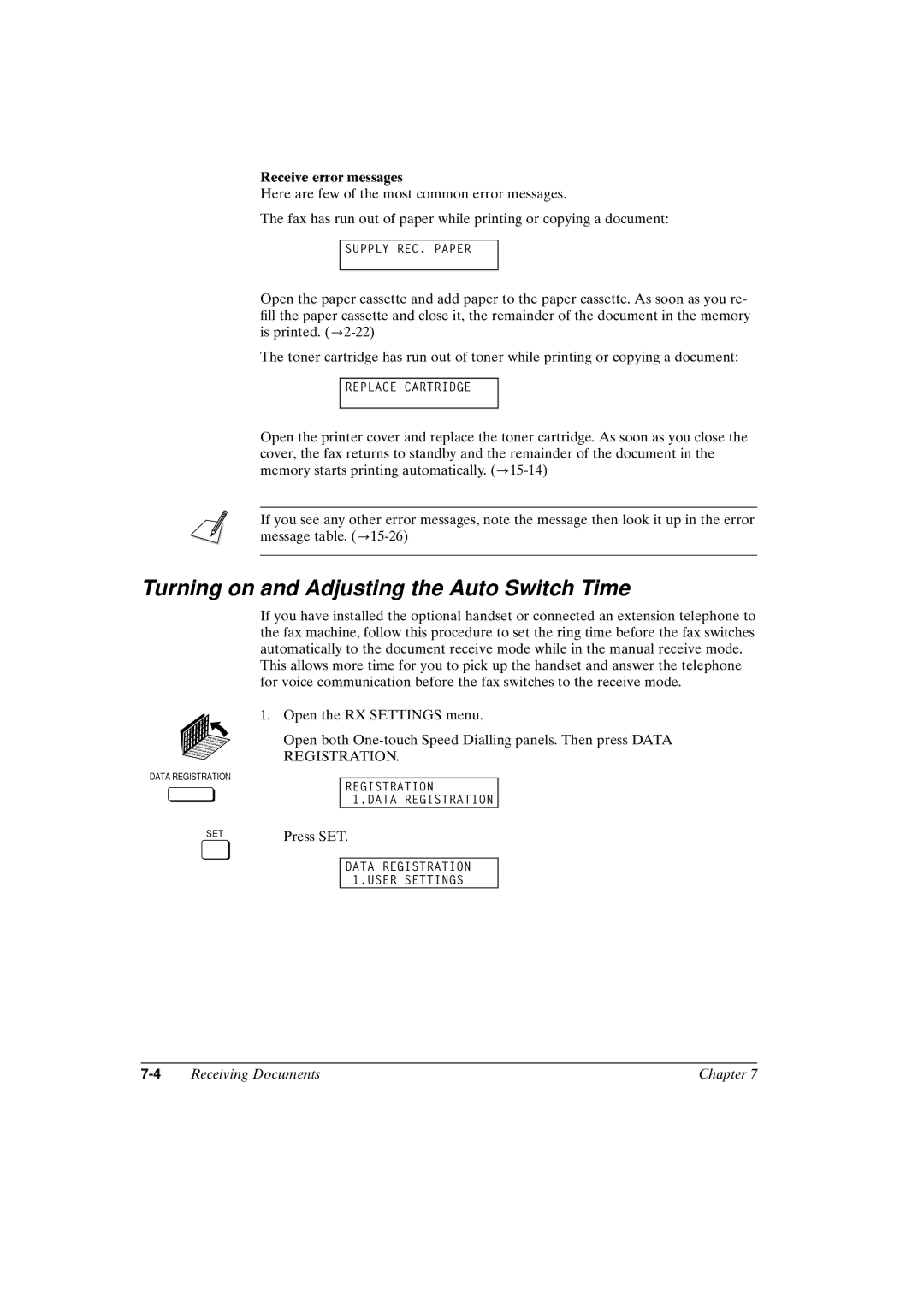 Canon FAX-L800 manual Turning on and Adjusting the Auto Switch Time, Receive error messages 