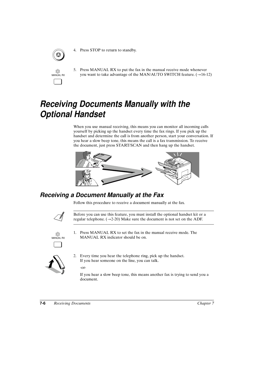 Canon FAX-L800 manual Receiving Documents Manually with the Optional Handset, Receiving a Document Manually at the Fax 