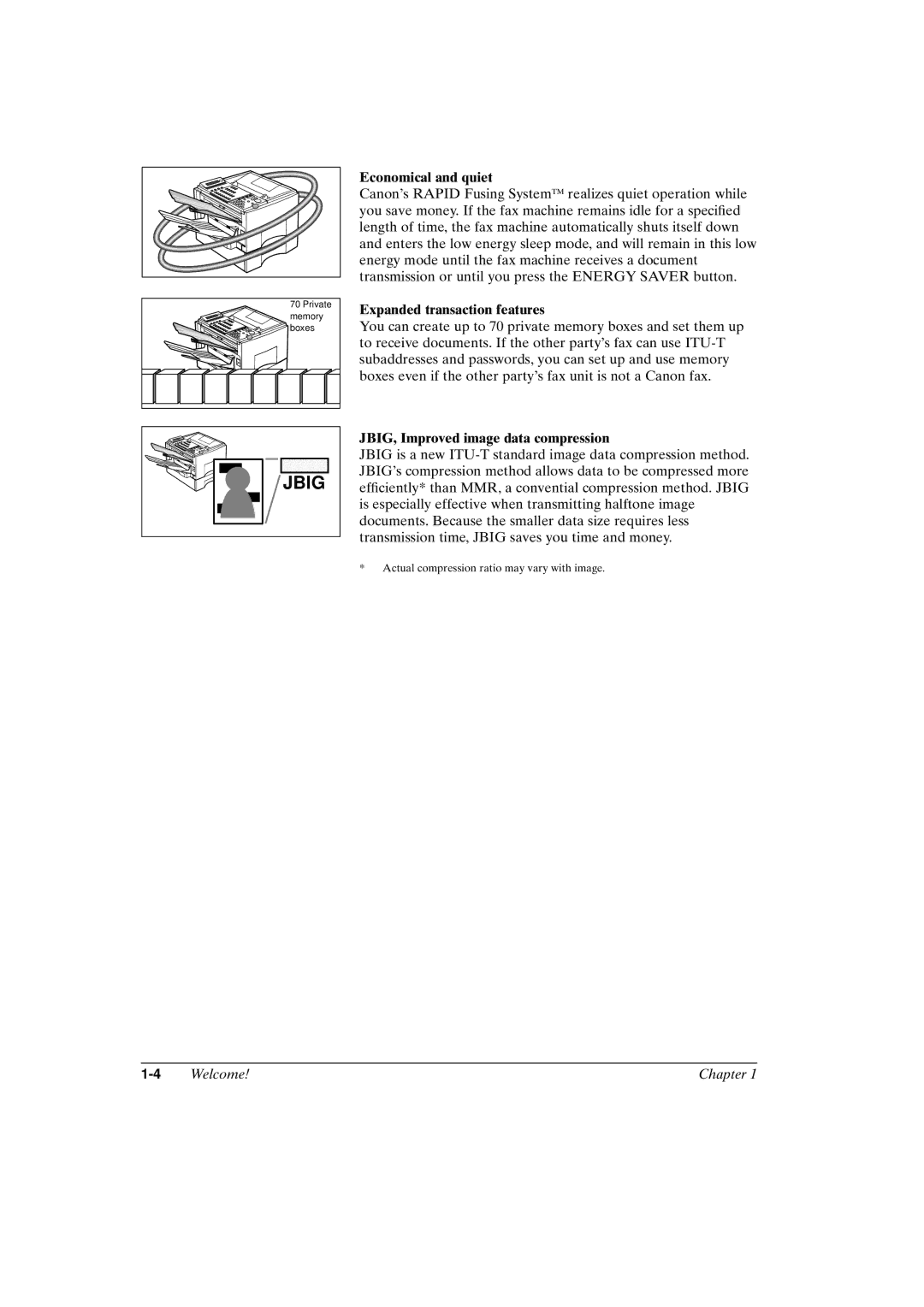 Canon FAX-L800 manual Economical and quiet, Expanded transaction features, JBIG, Improved image data compression 