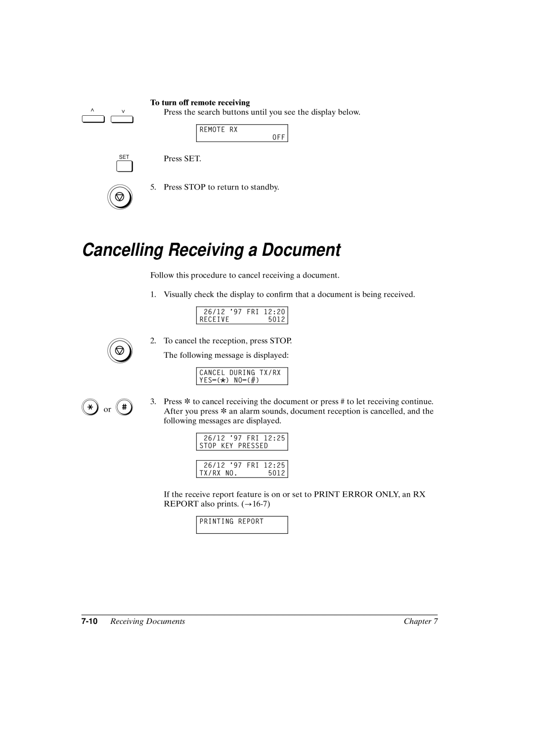 Canon FAX-L800 manual Cancelling Receiving a Document, To turn off remote receiving, 10Receiving Documents Chapter 