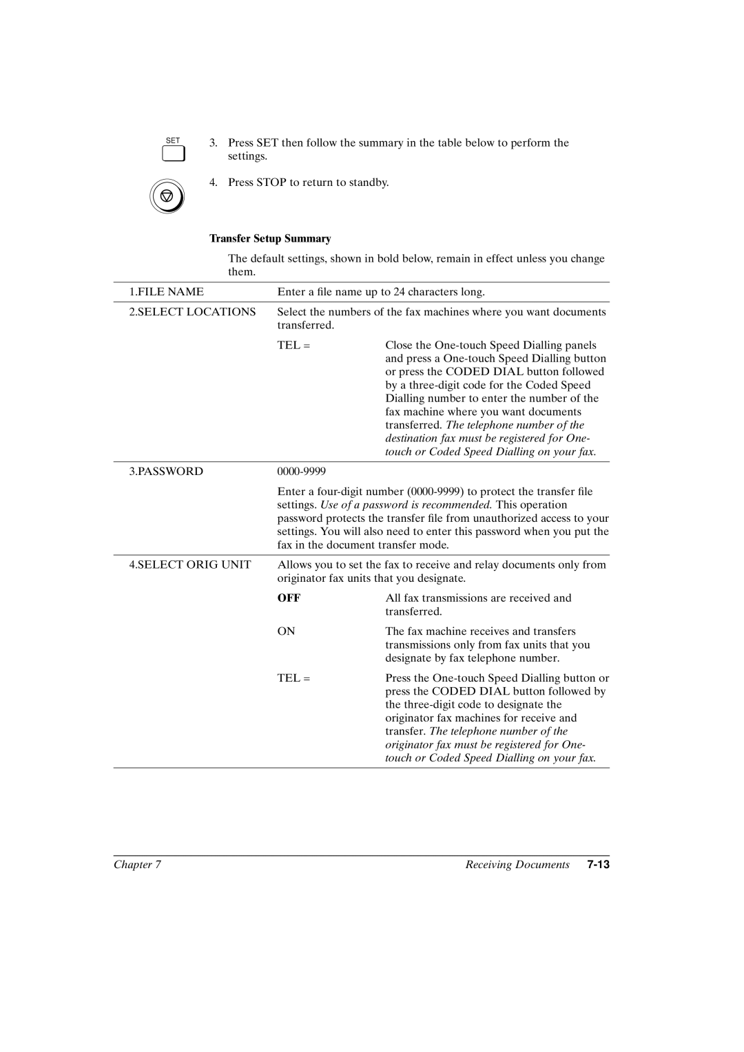 Canon FAX-L800 manual Transfer Setup Summary, Off 