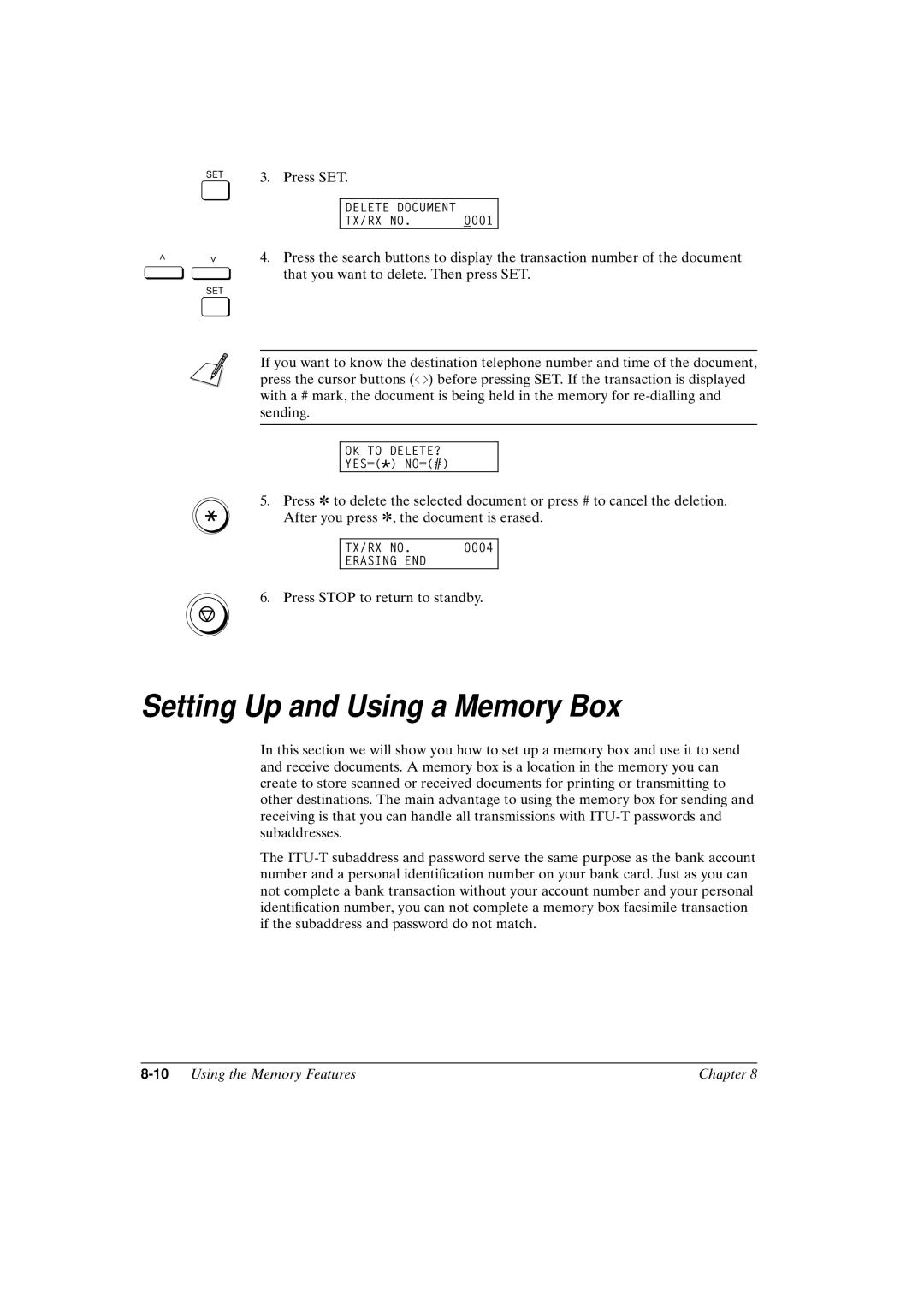 Canon FAX-L800 manual Setting Up and Using a Memory Box, 10Using the Memory Features Chapter 