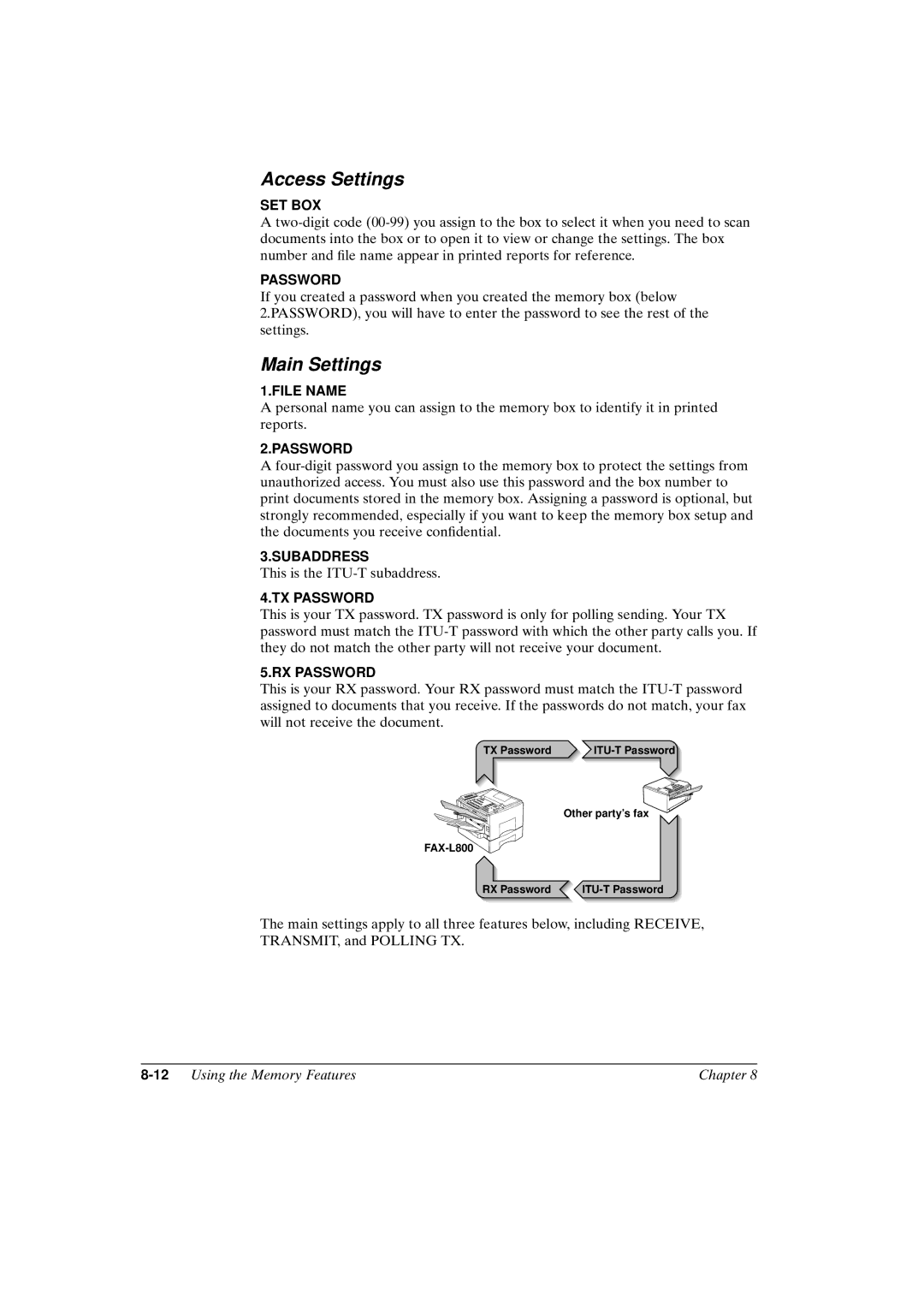 Canon FAX-L800 manual Access Settings, 12Using the Memory Features Chapter 