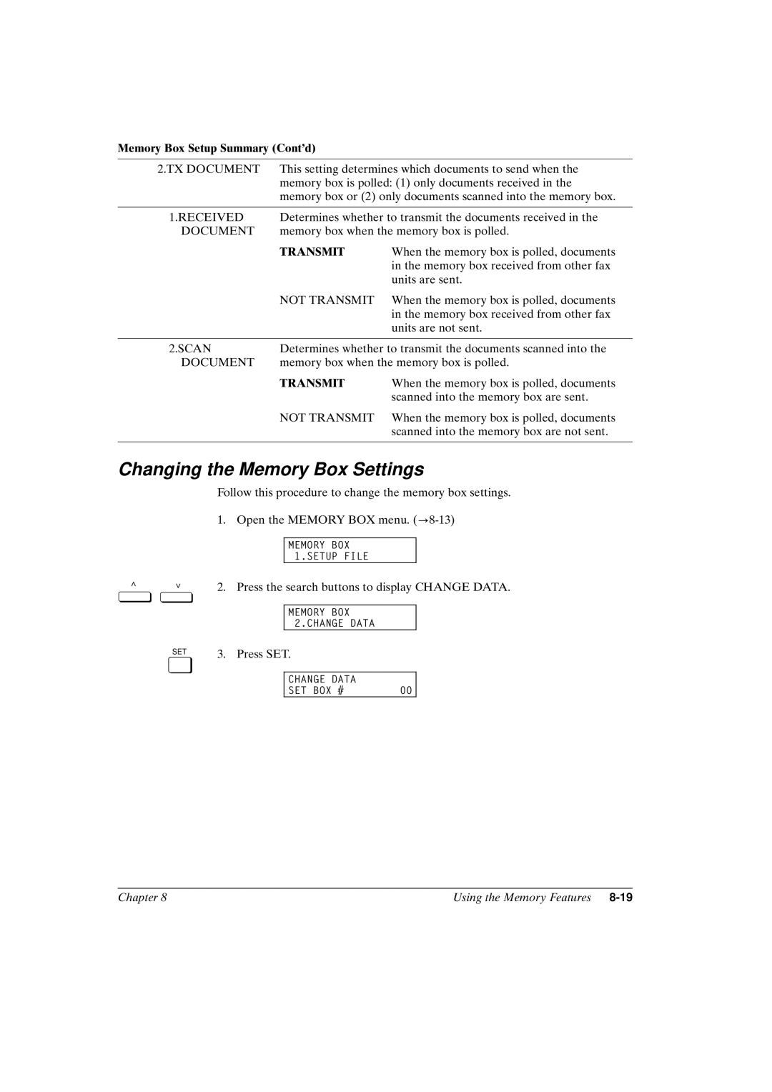 Canon FAX-L800 manual Changing the Memory Box Settings, Not Transmit 