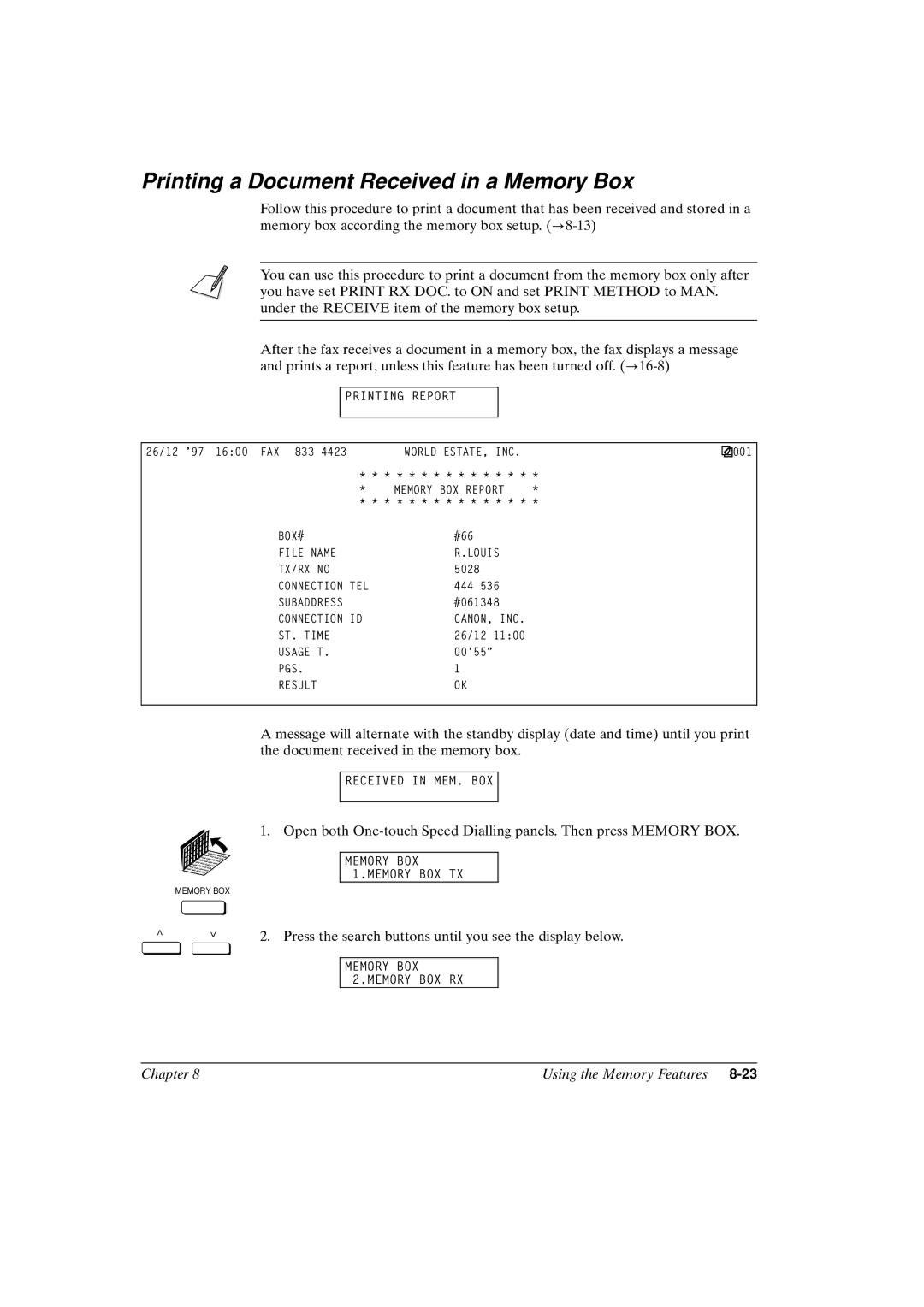 Canon FAX-L800 manual Printing a Document Received in a Memory Box 