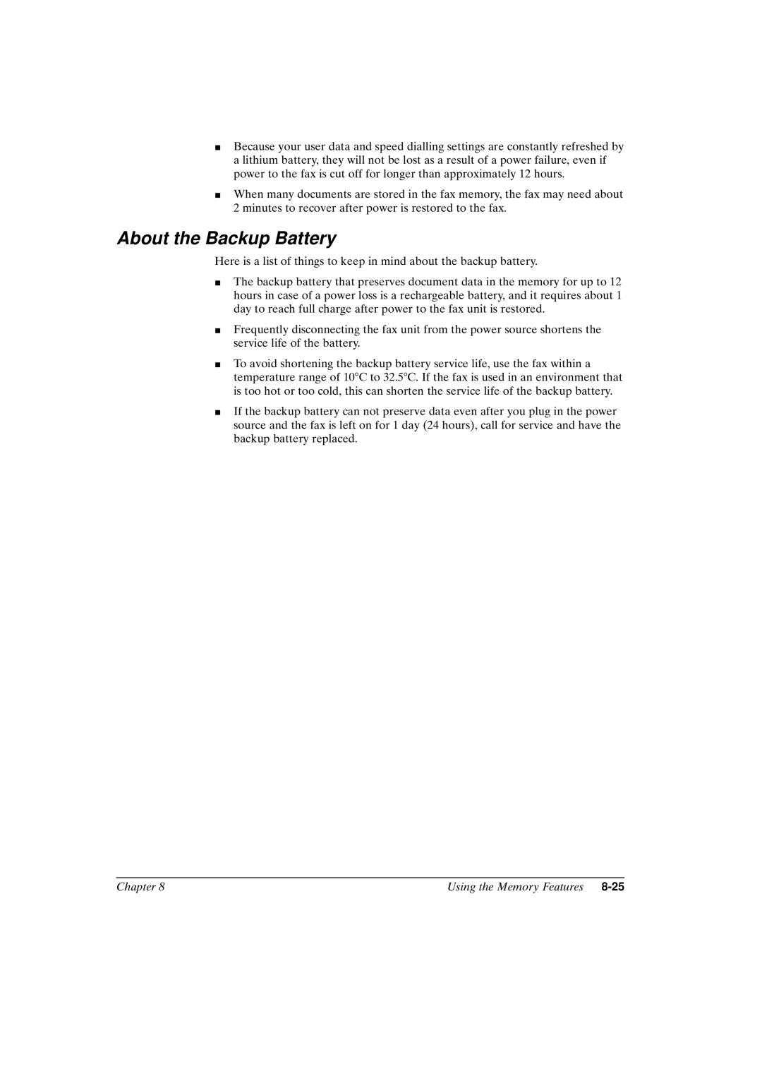 Canon FAX-L800 manual About the Backup Battery 