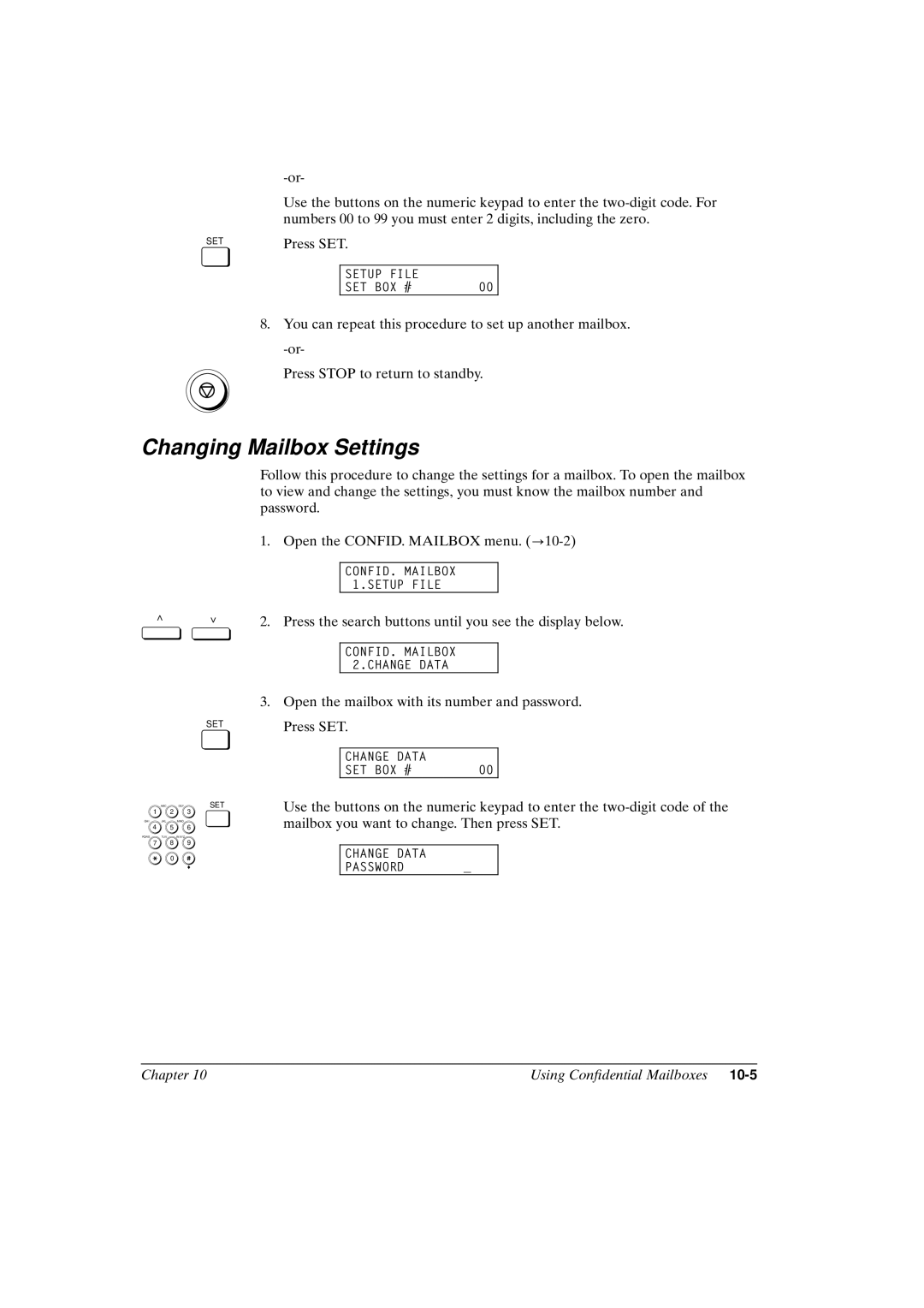 Canon FAX-L800 manual Changing Mailbox Settings, 10-5 