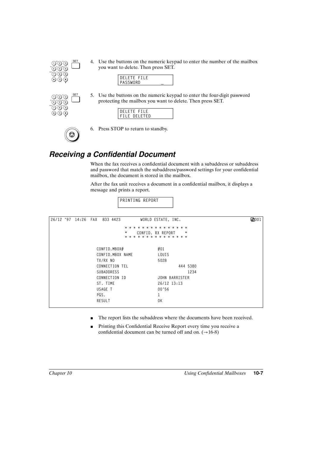 Canon FAX-L800 manual Receiving a Condential Document, 10-7 