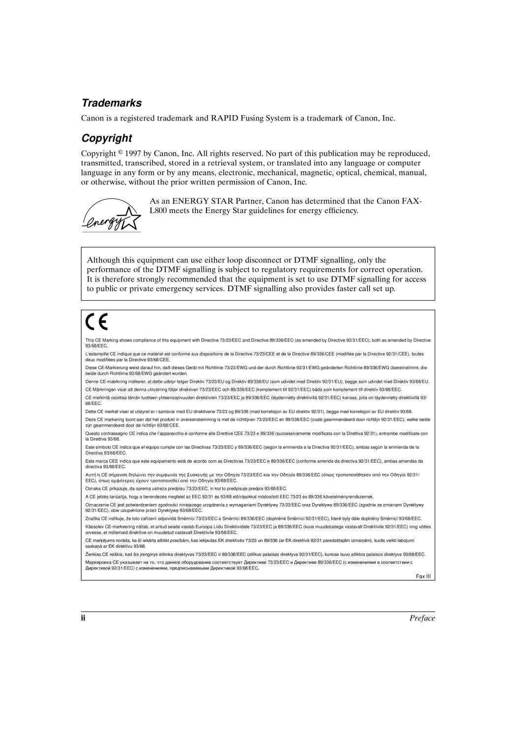 Canon FAX-L800 manual Copyright, Preface 