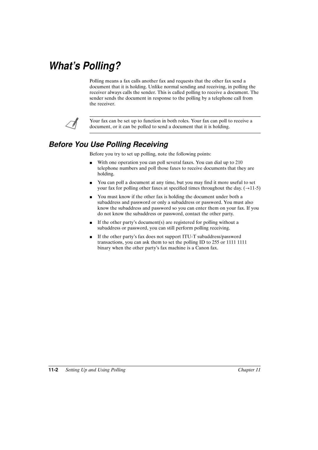 Canon FAX-L800 manual Whats Polling?, Before You Use Polling Receiving, 11-2Setting Up and Using Polling Chapter 