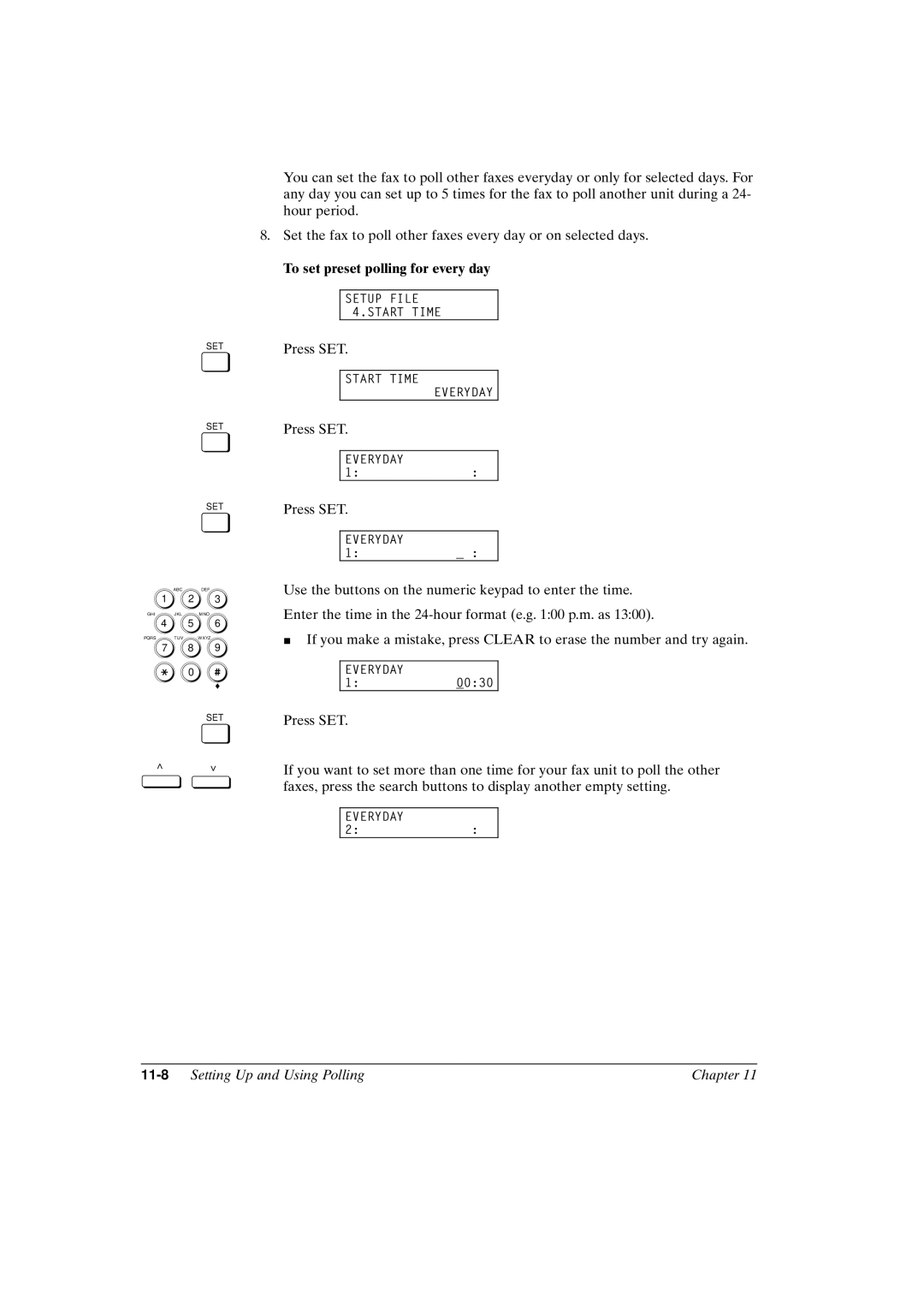 Canon FAX-L800 manual To set preset polling for every day, 11-8Setting Up and Using Polling Chapter 