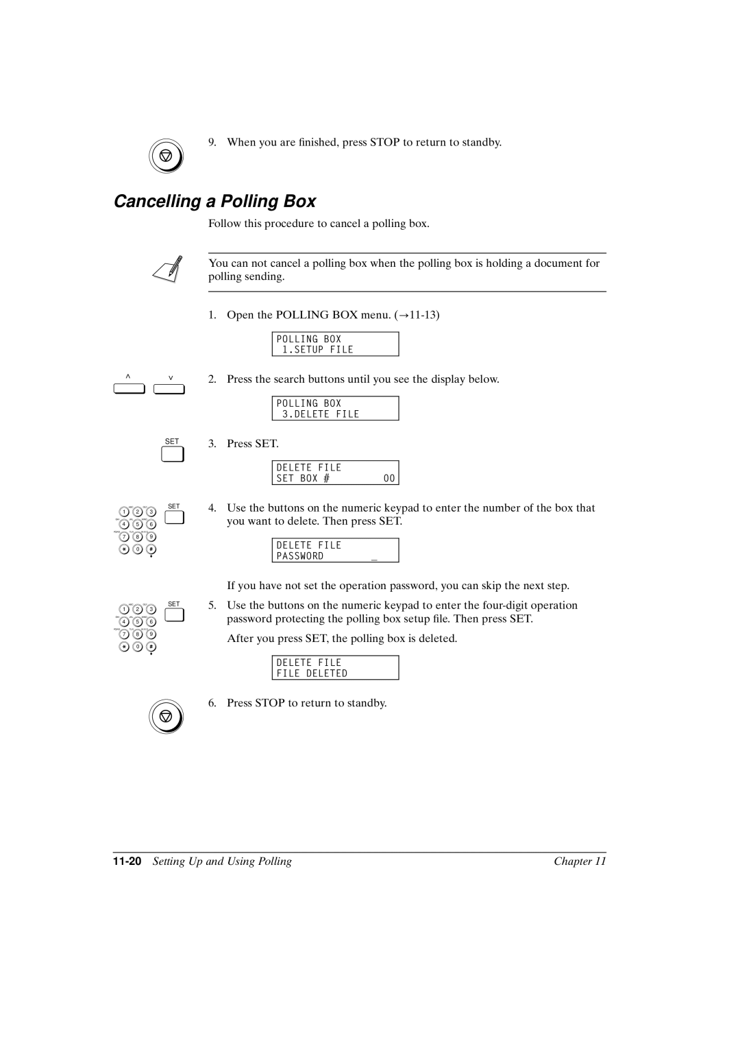 Canon FAX-L800 manual Cancelling a Polling Box, 11-20Setting Up and Using Polling Chapter 