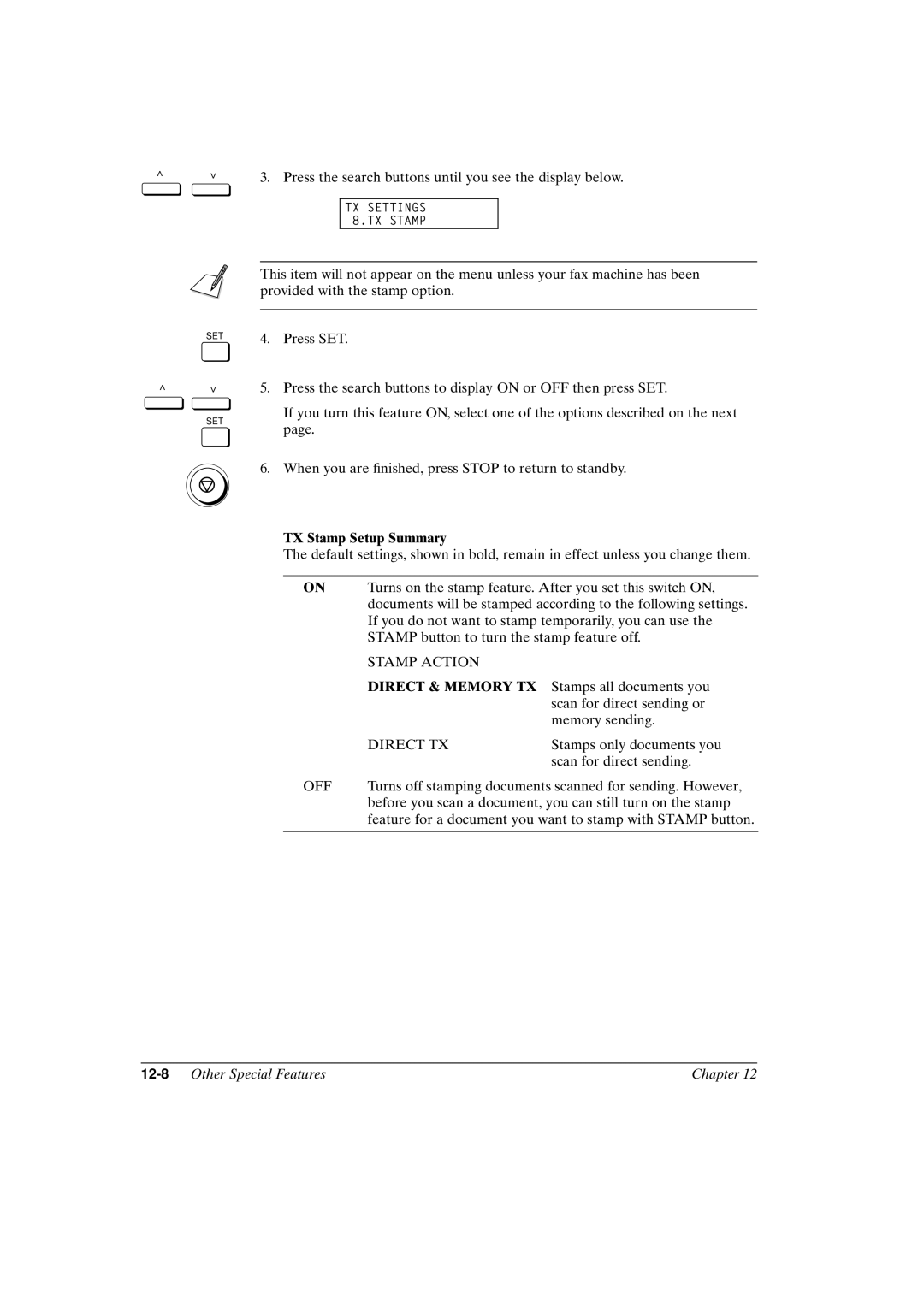 Canon FAX-L800 manual TX Stamp Setup Summary, Stamp Action, Direct & Memory TX, Direct TX 