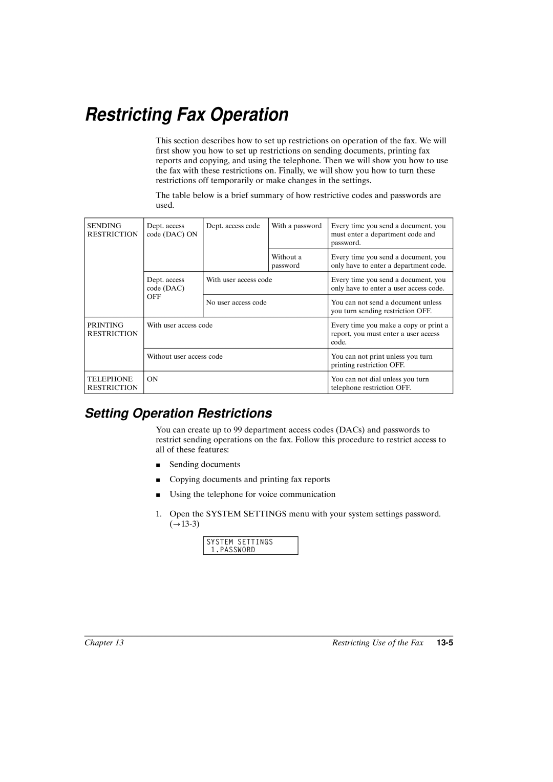 Canon FAX-L800 manual Restricting Fax Operation, Setting Operation Restrictions 