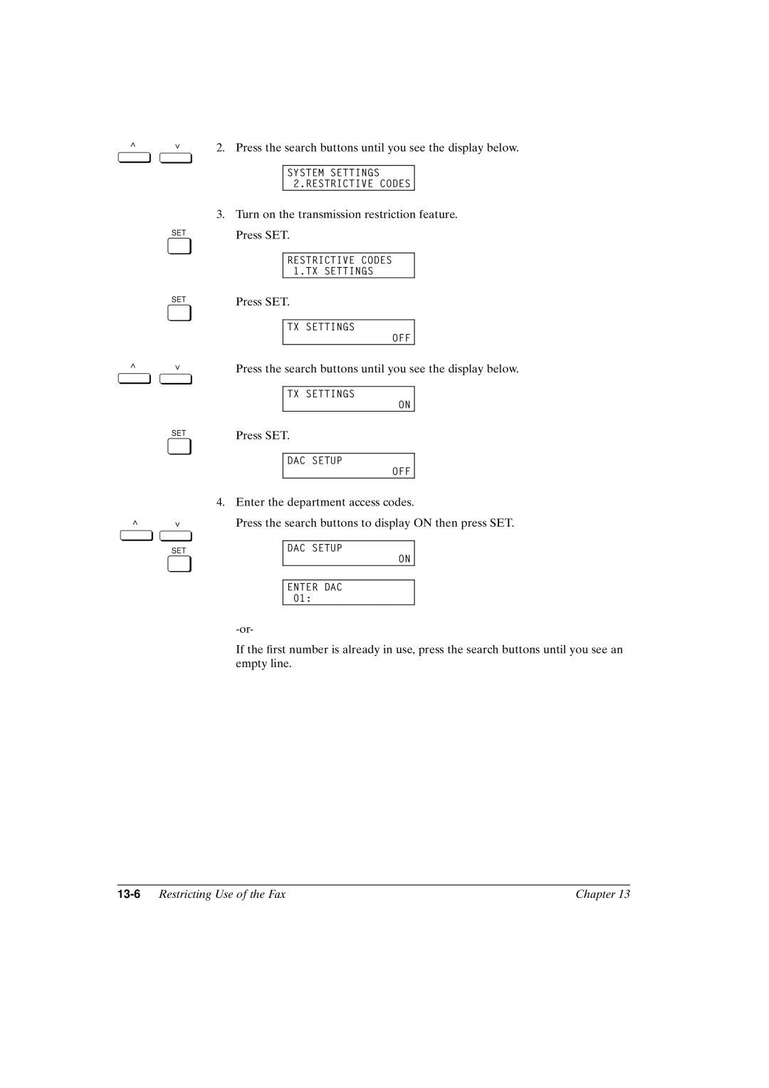 Canon FAX-L800 manual 13-6Restricting Use of the Fax Chapter 