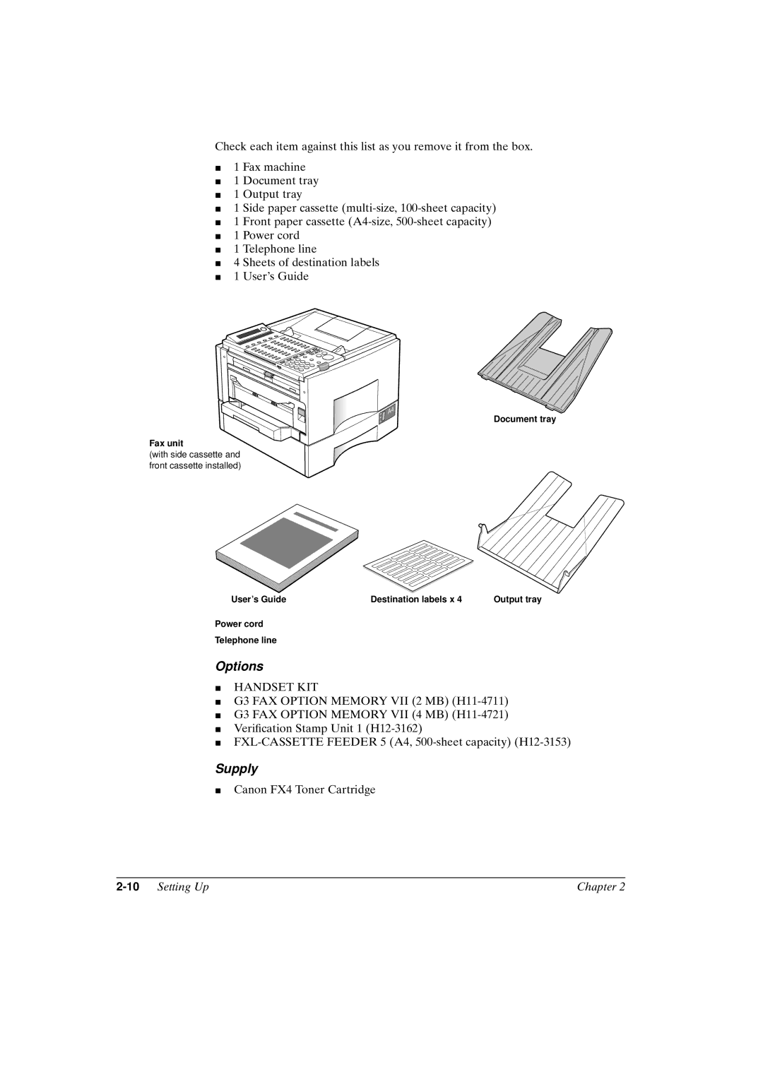 Canon FAX-L800 manual Options, 10Setting Up Chapter 