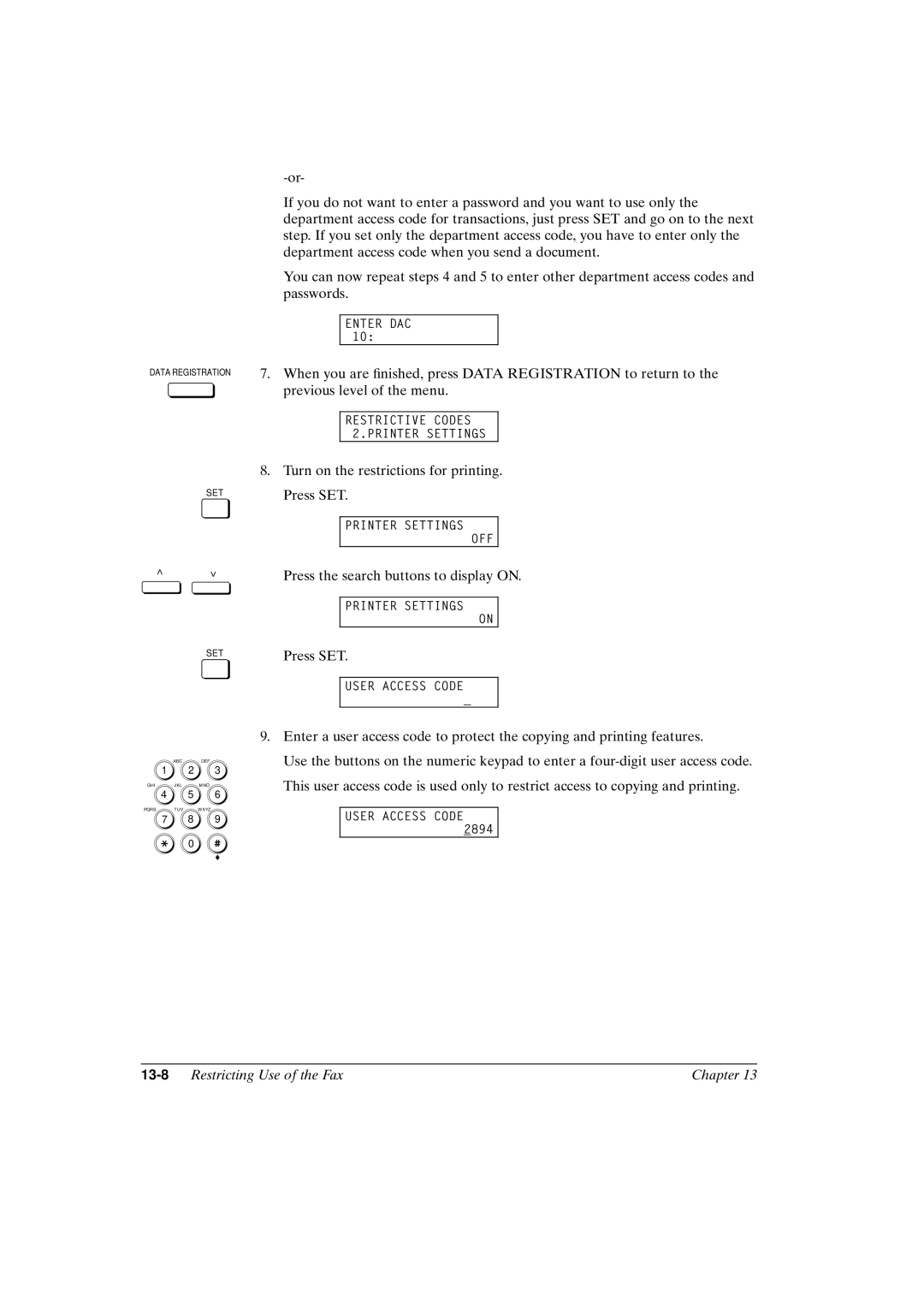 Canon FAX-L800 manual 13-8Restricting Use of the Fax Chapter 