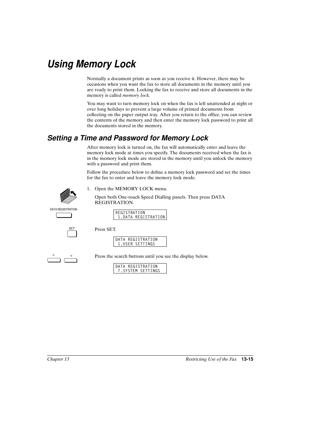 Canon FAX-L800 manual Using Memory Lock, Setting a Time and Password for Memory Lock 