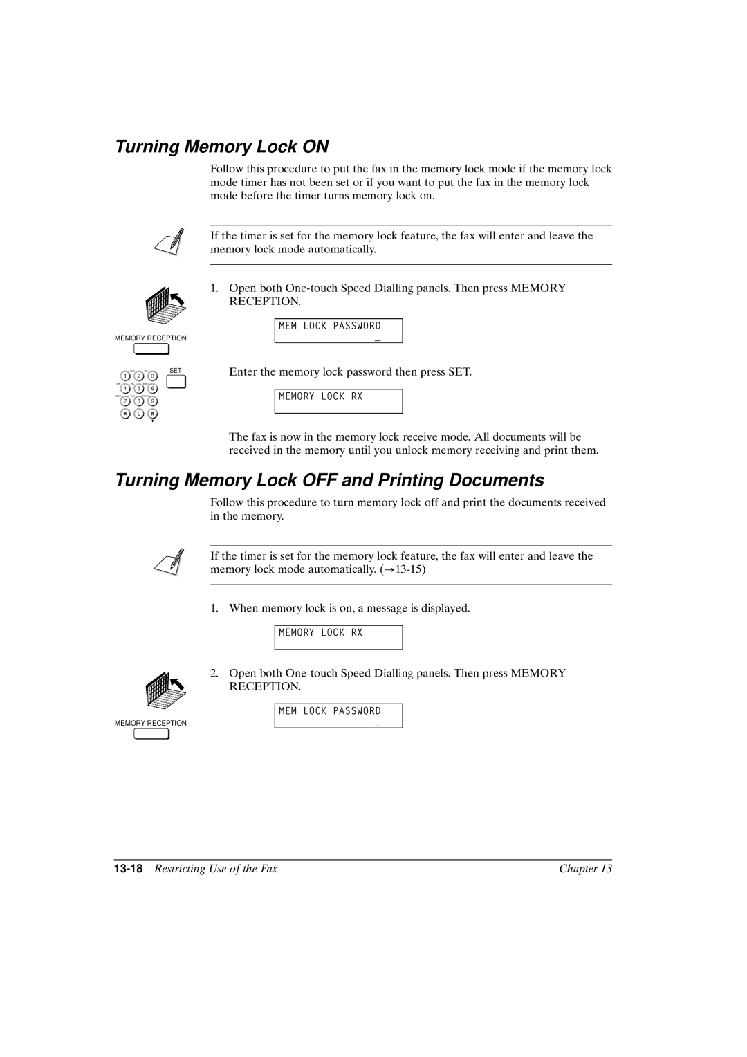 Canon FAX-L800 manual Turning Memory Lock on, Turning Memory Lock OFF and Printing Documents 