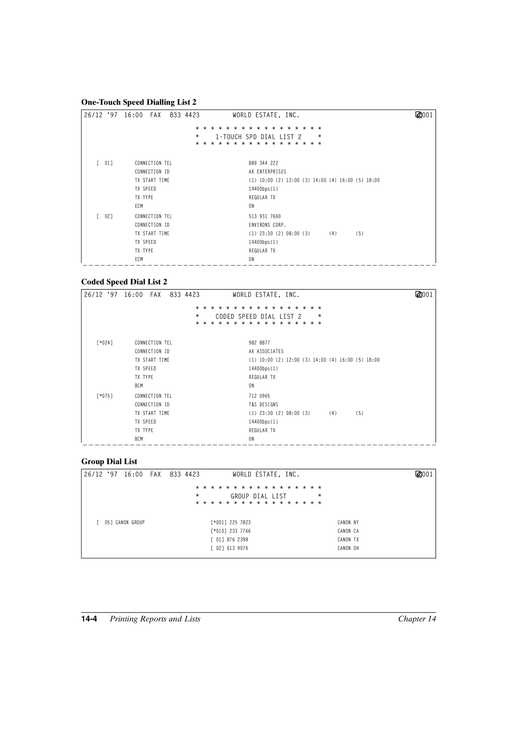 Canon FAX-L800 manual One-Touch Speed Dialling List, Group Dial List, 14-4Printing Reports and Lists Chapter 