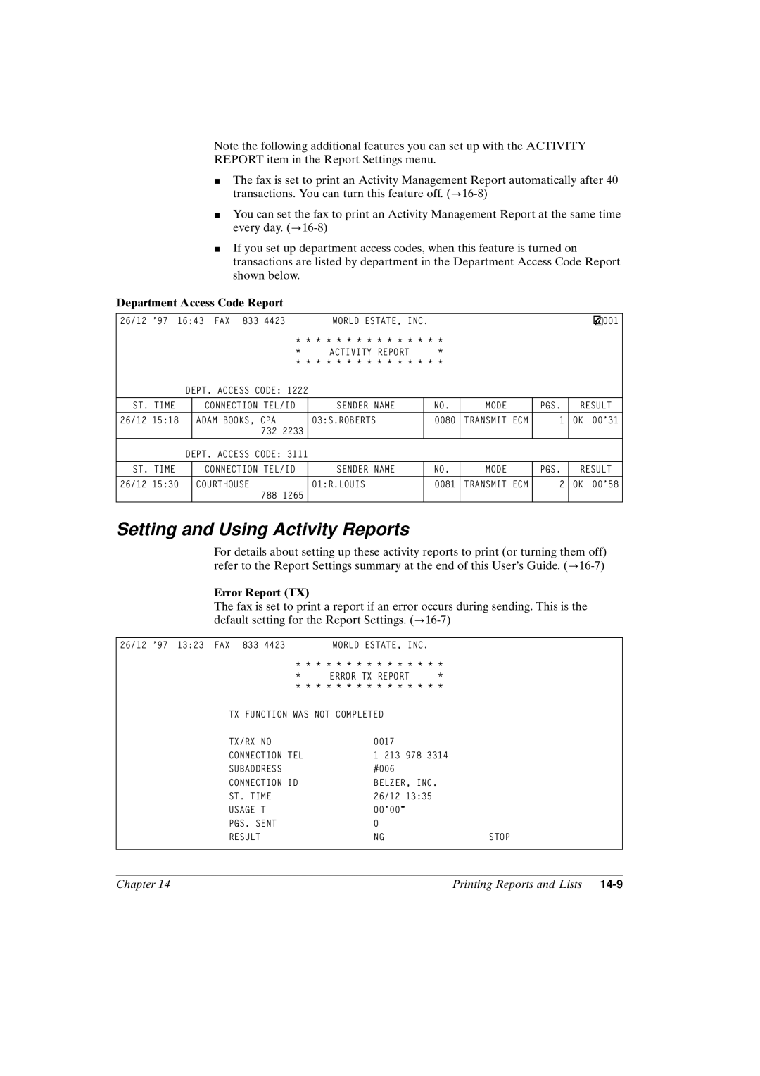 Canon FAX-L800 manual Setting and Using Activity Reports, Department Access Code Report, Error Report TX 