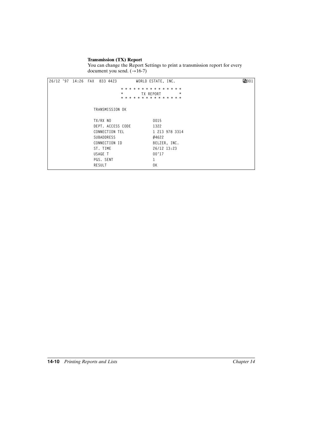 Canon FAX-L800 manual Transmission TX Report, 14-10Printing Reports and Lists Chapter 