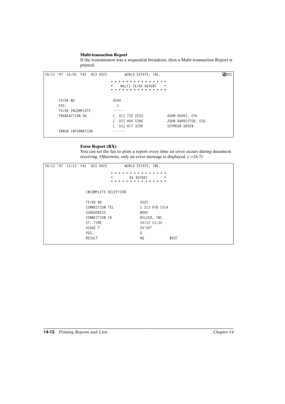 Canon FAX-L800 manual Multi-transaction Report, Error Report RX, 14-12Printing Reports and Lists Chapter 