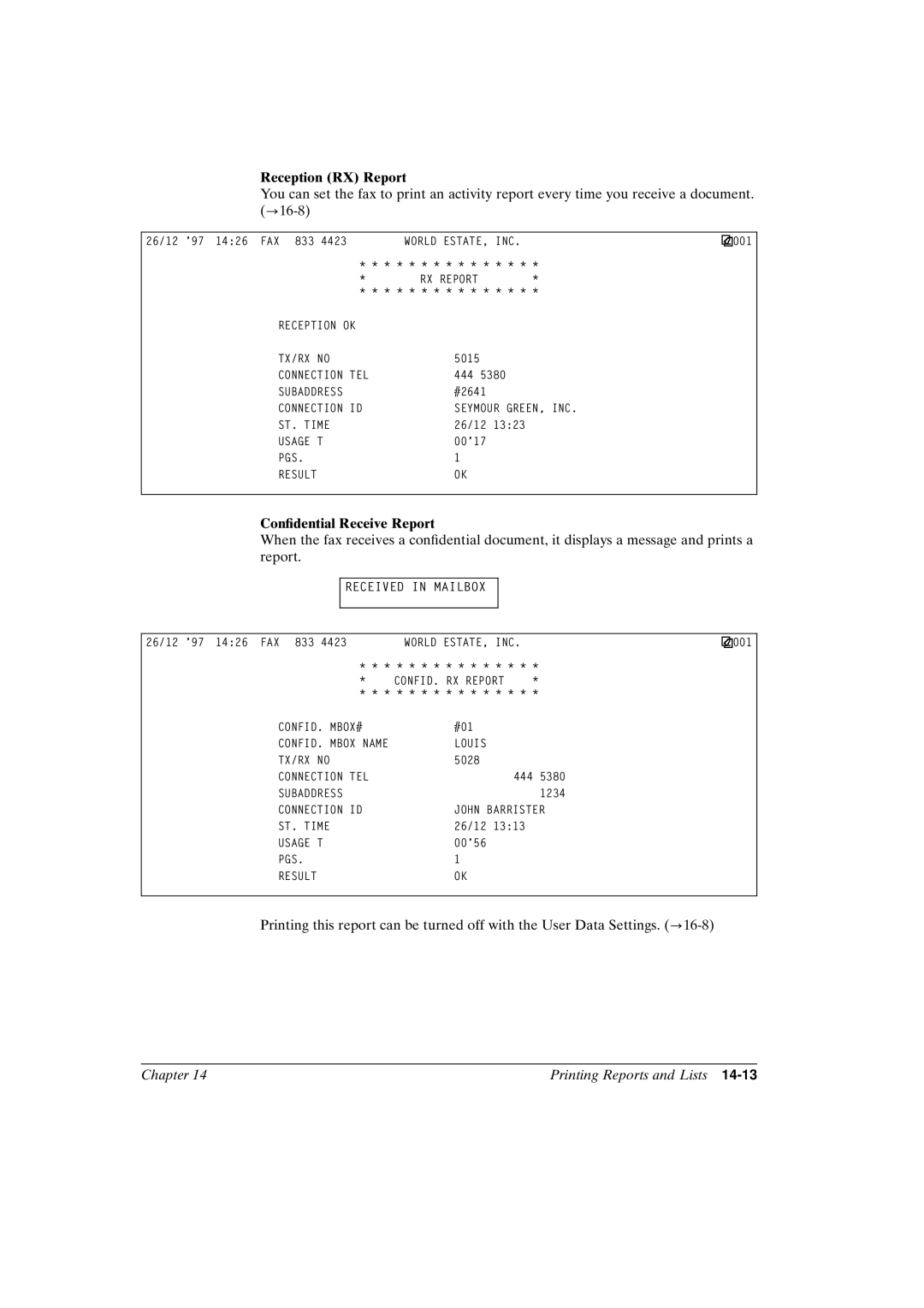 Canon FAX-L800 manual Reception RX Report, Condential Receive Report 