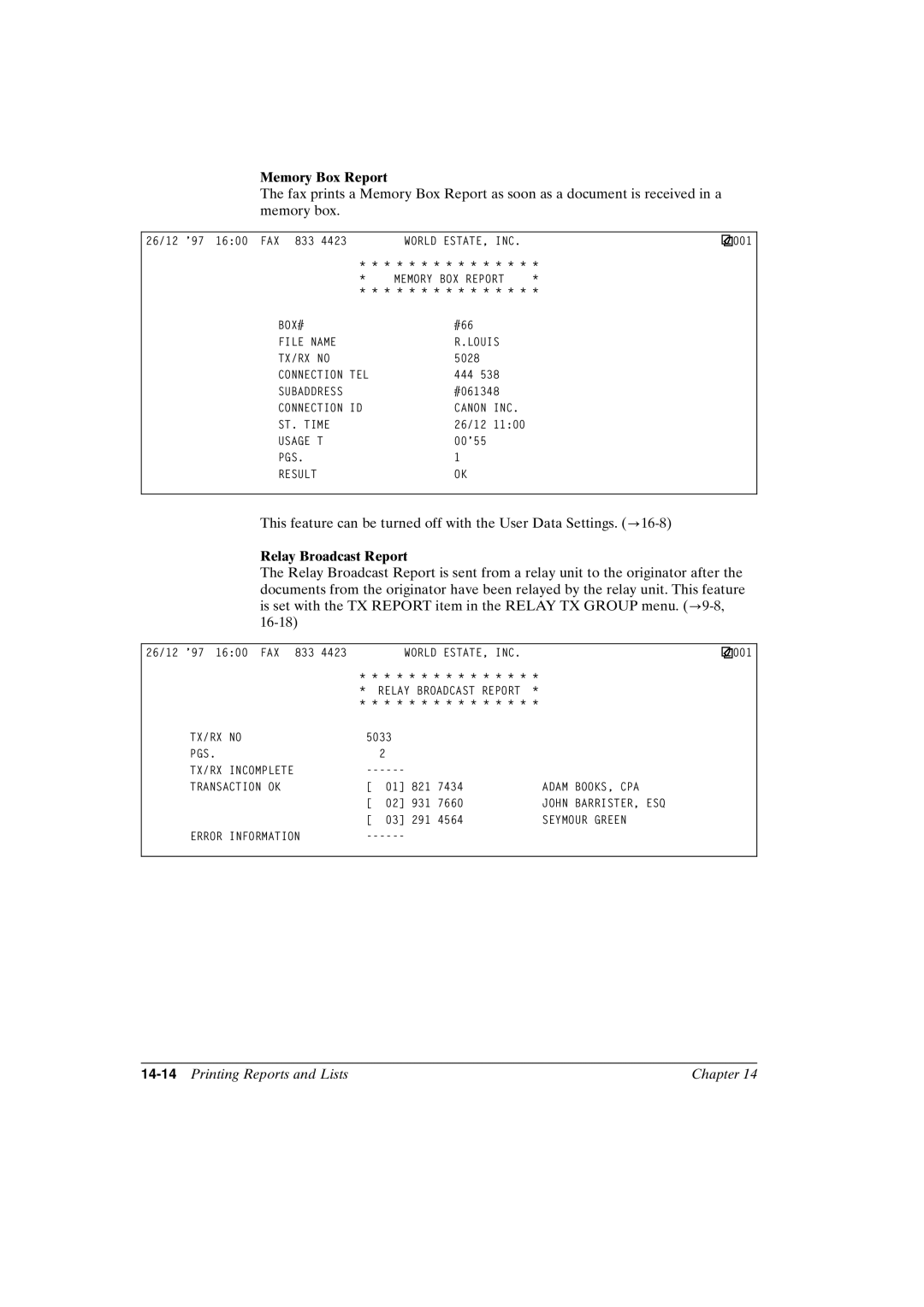 Canon FAX-L800 manual Memory Box Report, Relay Broadcast Report, 14-14Printing Reports and Lists Chapter 