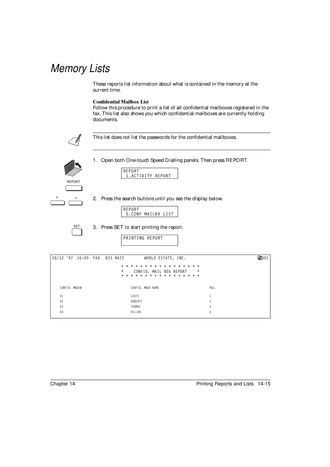 Canon FAX-L800 manual Memory Lists, Condential Mailbox List, Press SET to start printing the report 