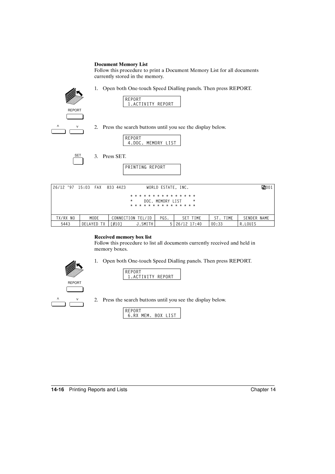 Canon FAX-L800 manual Document Memory List, Received memory box list, 14-16Printing Reports and Lists Chapter 