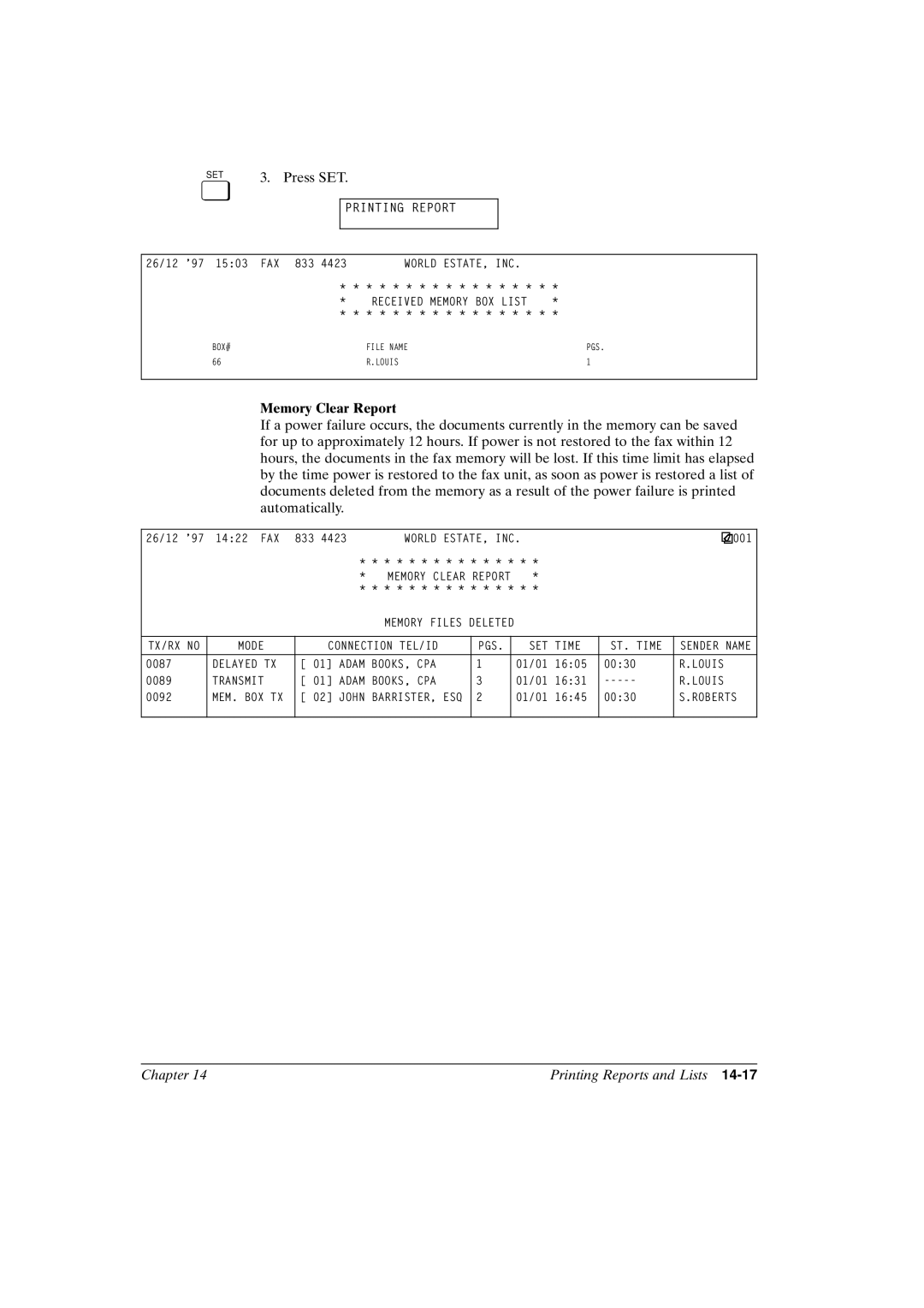 Canon FAX-L800 manual Press SET, Memory Clear Report 