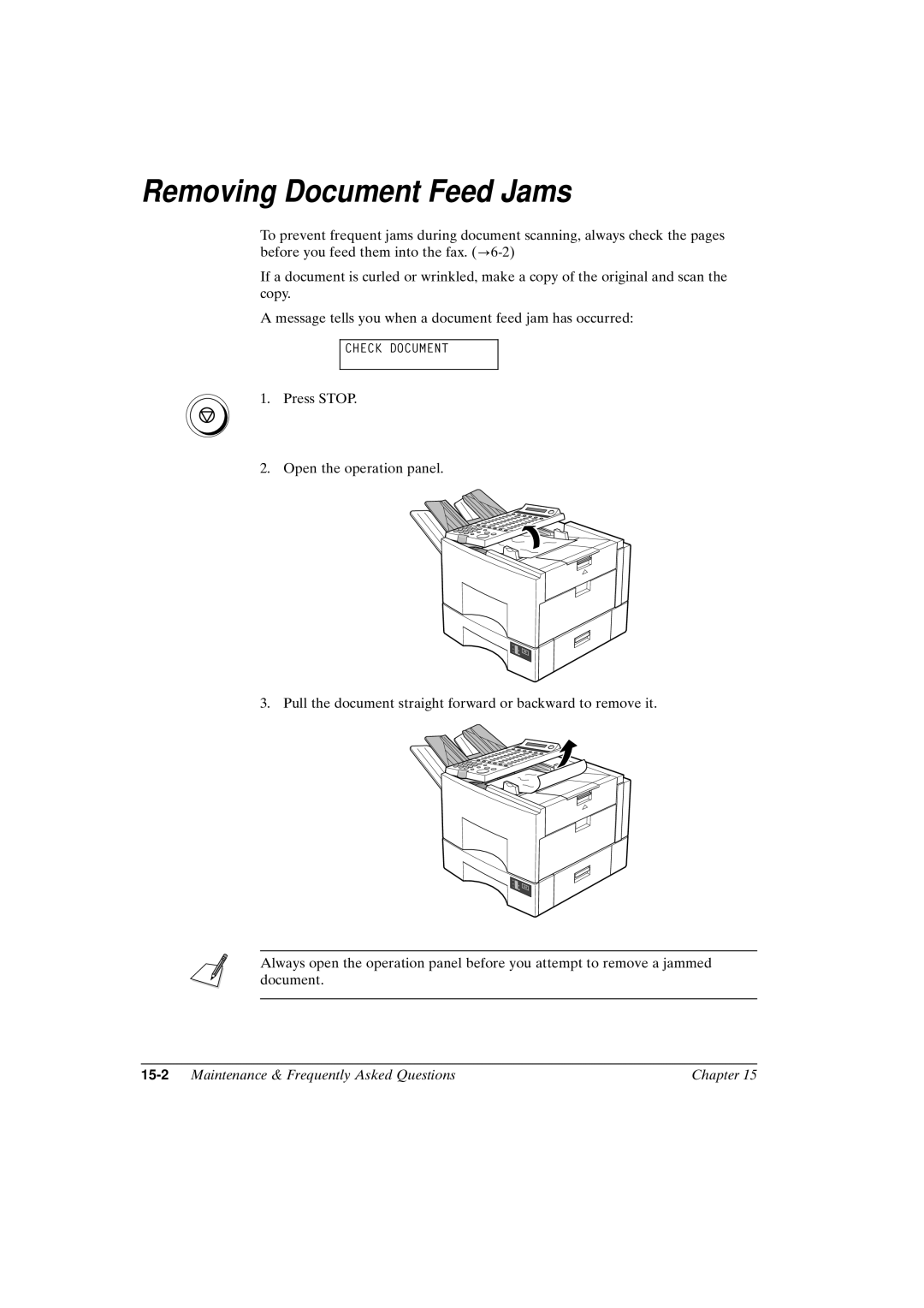 Canon FAX-L800 manual Removing Document Feed Jams, 15-2Maintenance & Frequently Asked Questions Chapter 