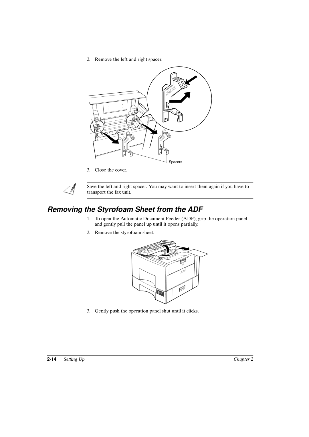 Canon FAX-L800 manual Removing the Styrofoam Sheet from the ADF, 14Setting Up Chapter 