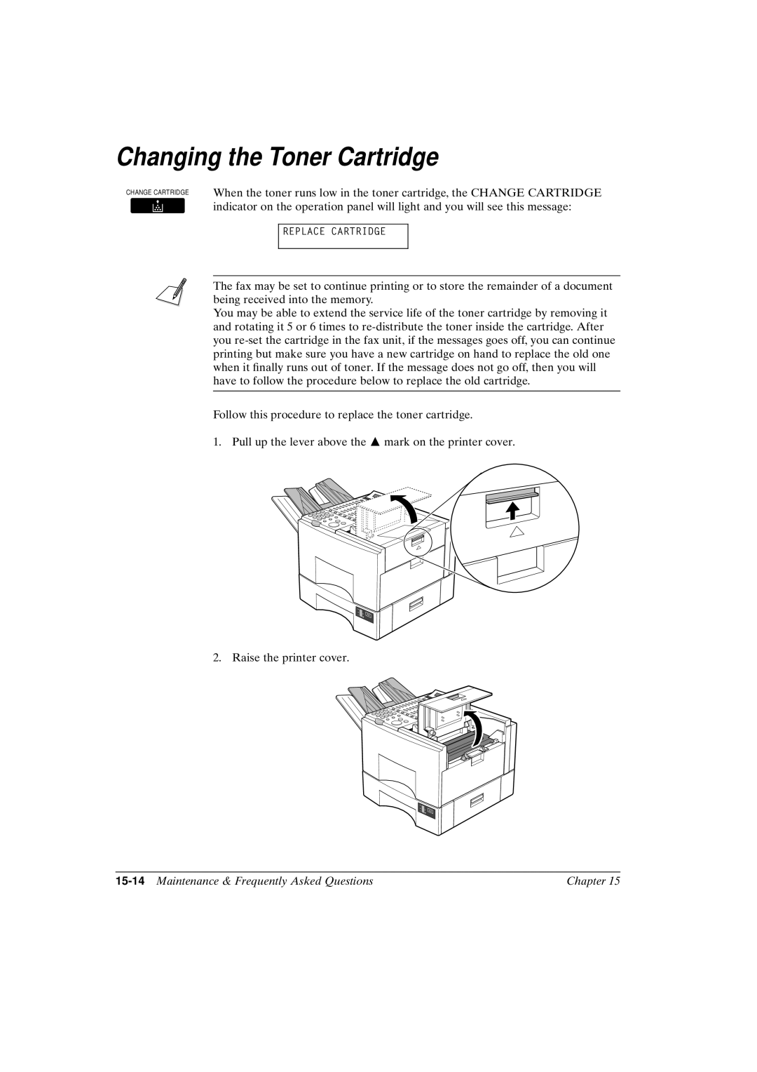 Canon FAX-L800 manual Changing the Toner Cartridge, 15-14Maintenance & Frequently Asked Questions Chapter 