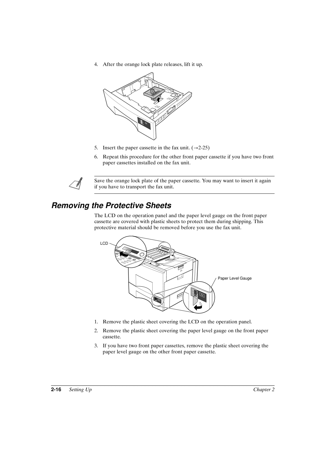 Canon FAX-L800 manual Removing the Protective Sheets, 16Setting Up Chapter 