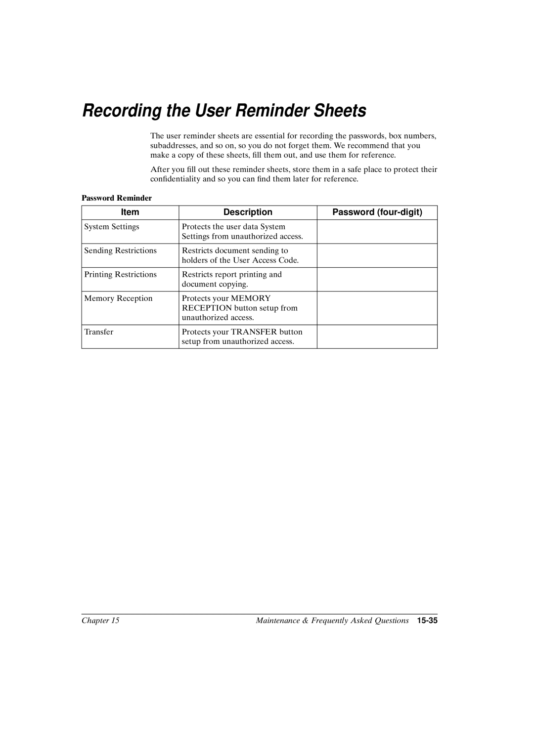 Canon FAX-L800 manual Recording the User Reminder Sheets, Password Reminder 