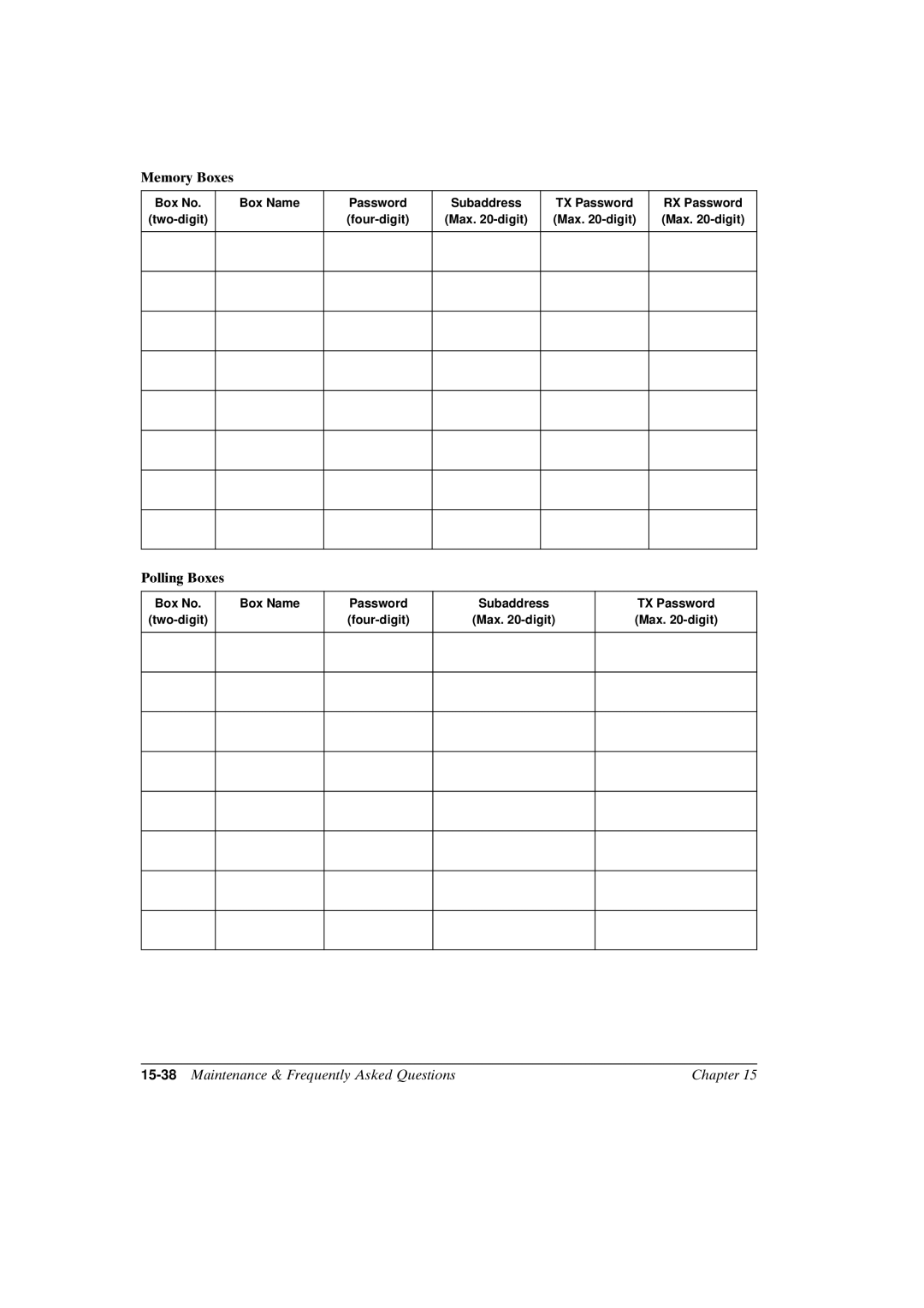 Canon FAX-L800 manual Memory Boxes, Polling Boxes, 15-38Maintenance & Frequently Asked Questions Chapter 