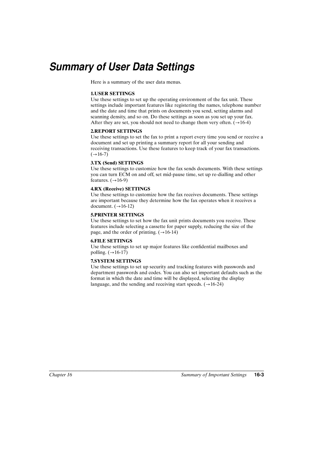 Canon FAX-L800 manual Summary of User Data Settings 