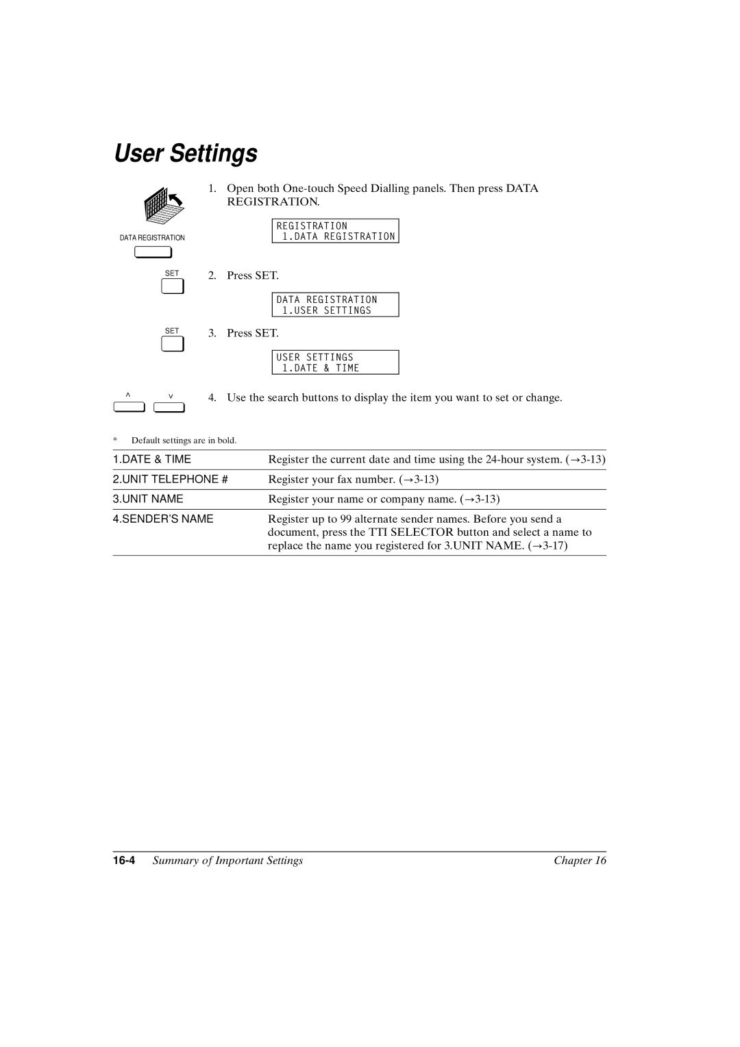 Canon FAX-L800 manual User Settings, 16-4Summary of Important Settings Chapter 