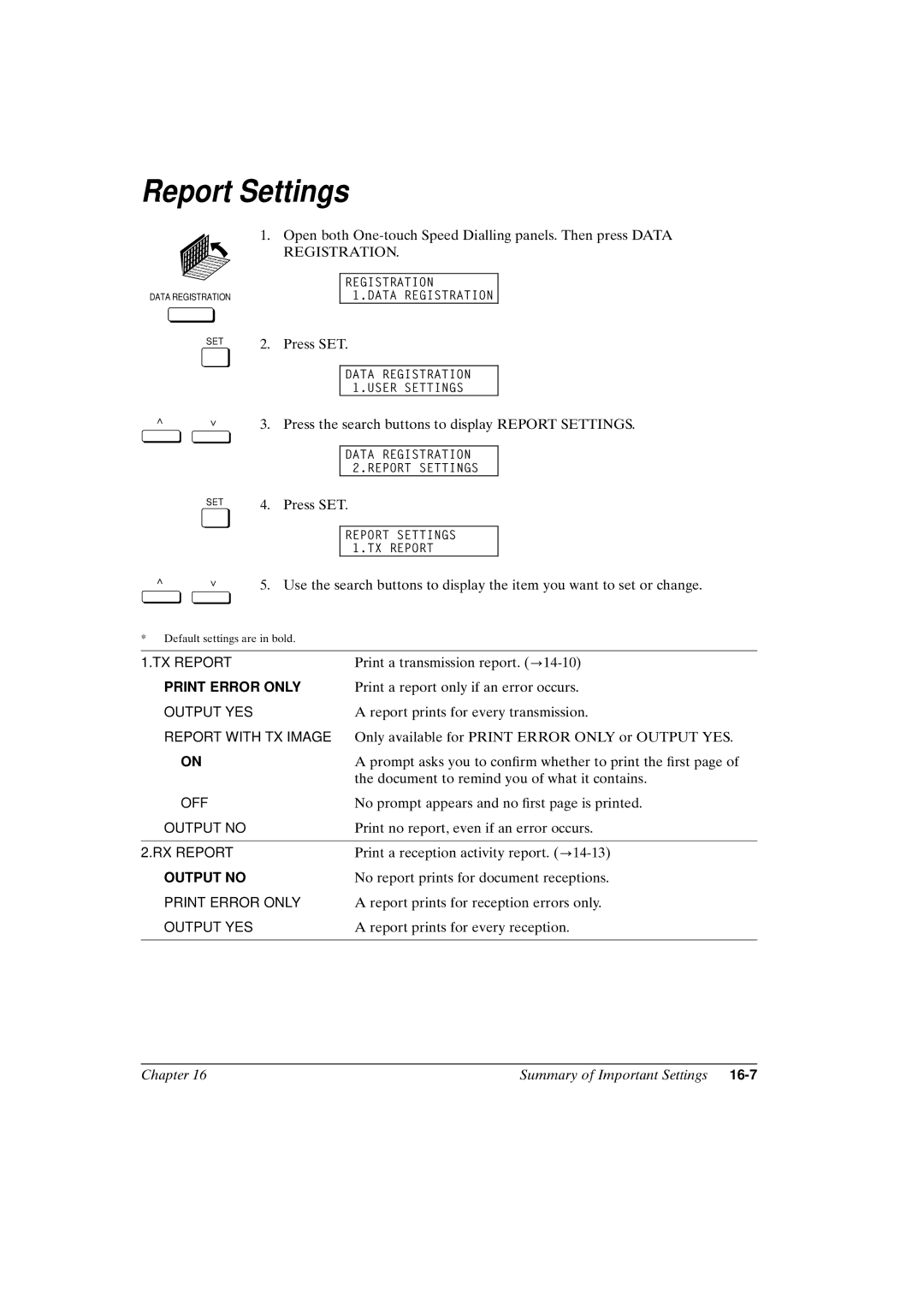 Canon FAX-L800 manual Report Settings, Print Error only 