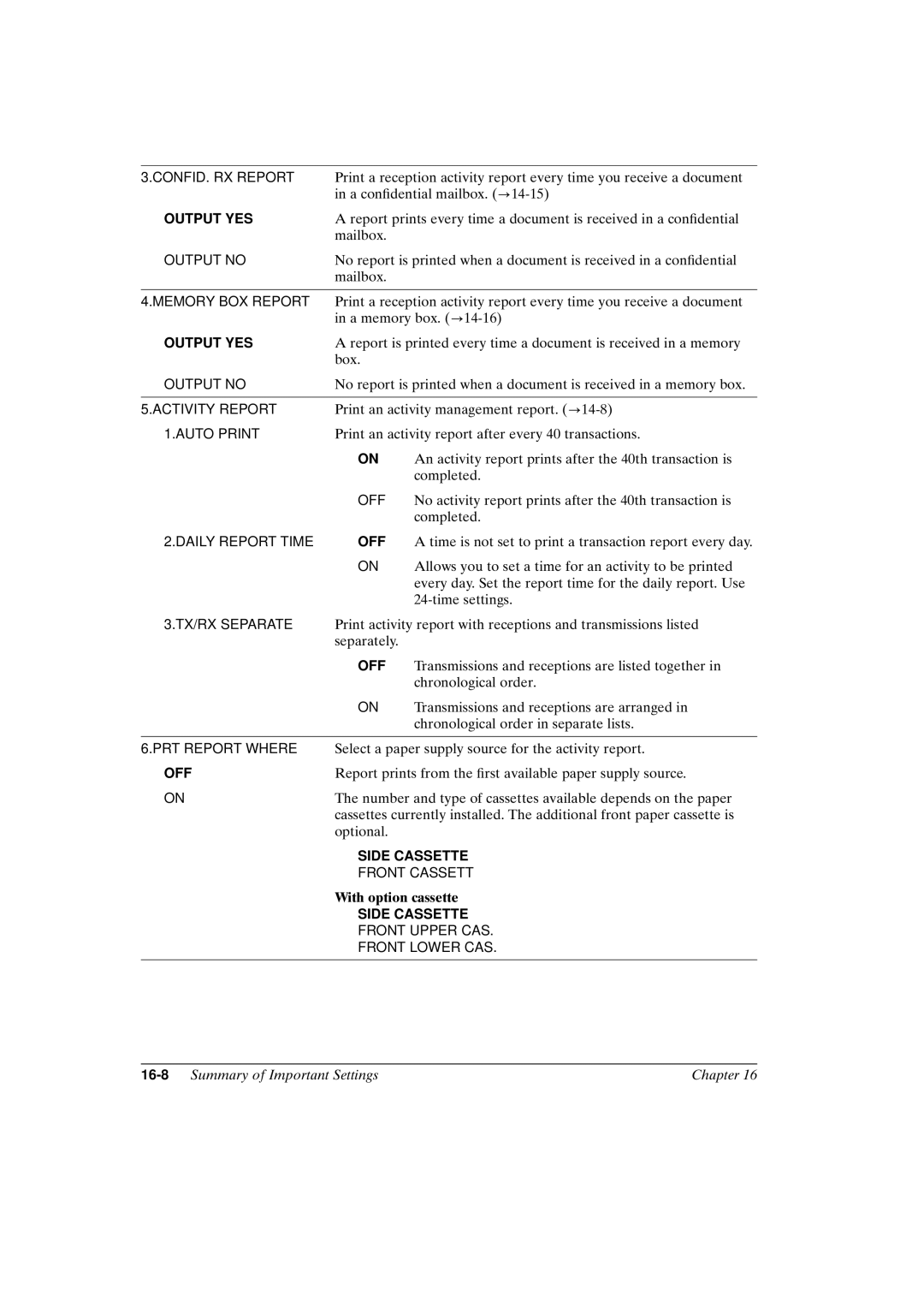 Canon FAX-L800 manual CONFID. RX Report, 16-8Summary of Important Settings Chapter 