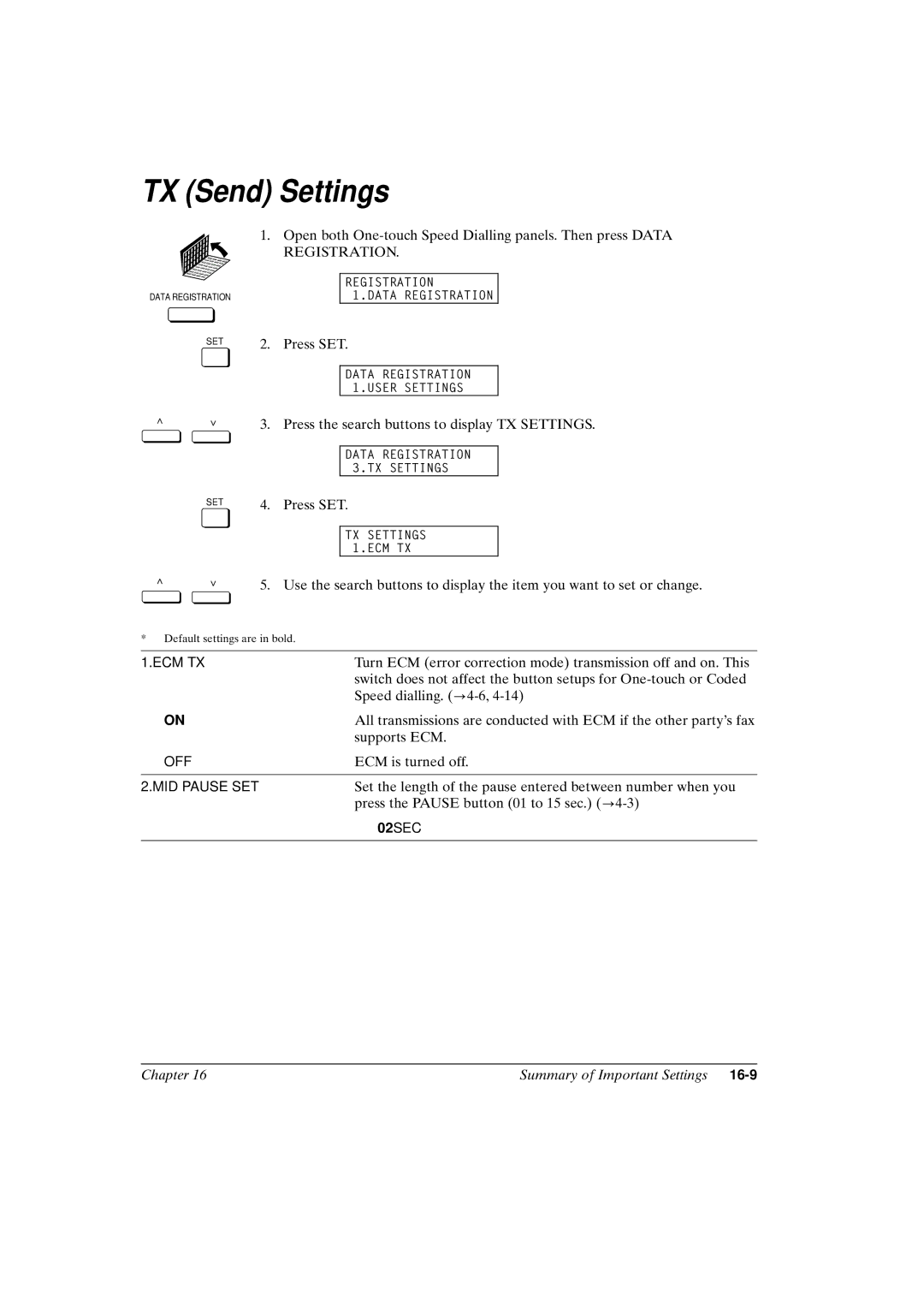 Canon FAX-L800 manual TX Send Settings, Ecm Tx 