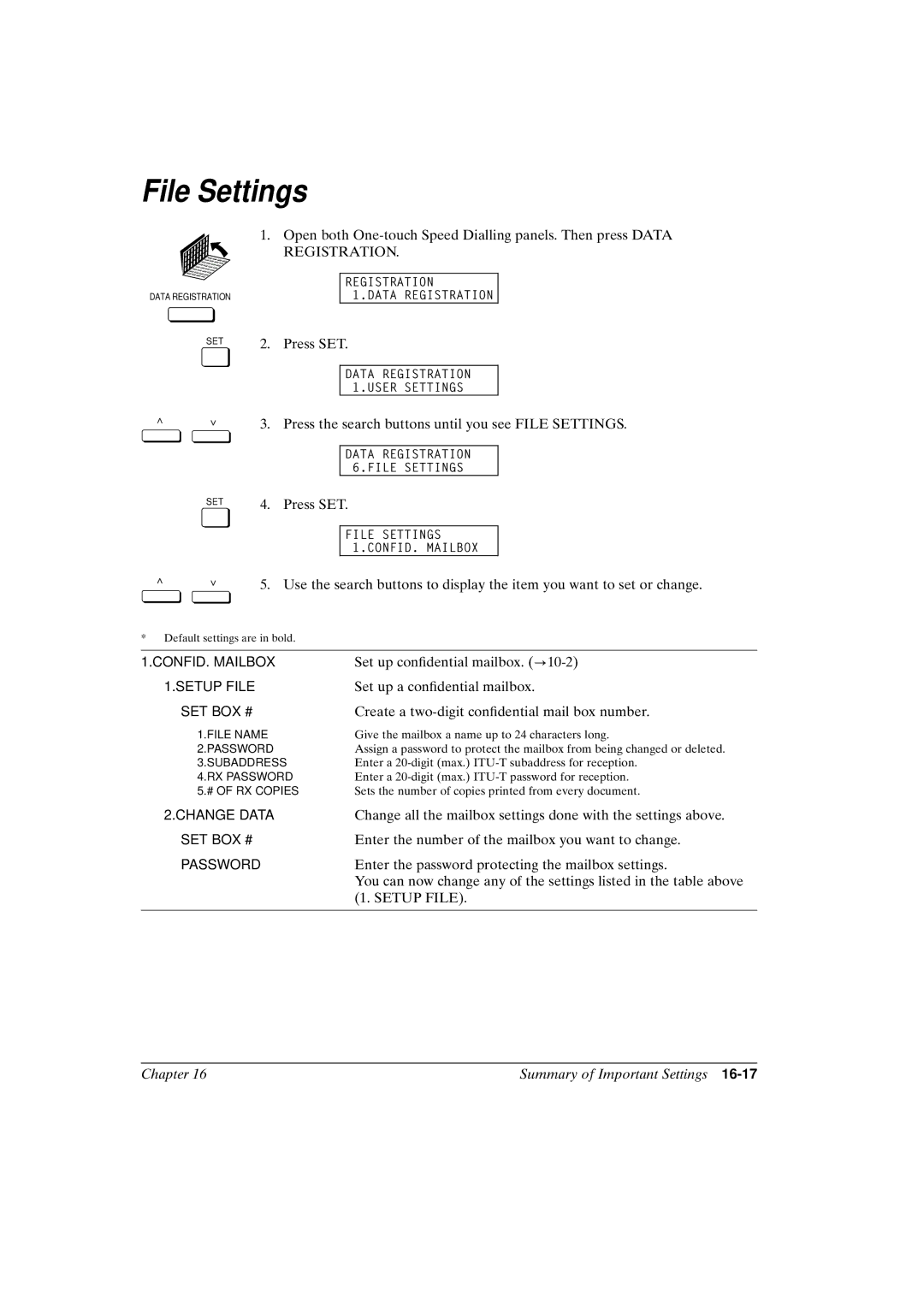 Canon FAX-L800 manual File Settings, Setup File 